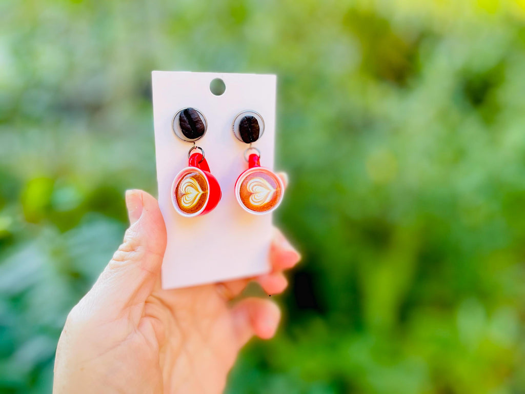 Handmade Real Coffee Bean Latte Cup Earrings: Whimsical Resin Food Jewelry