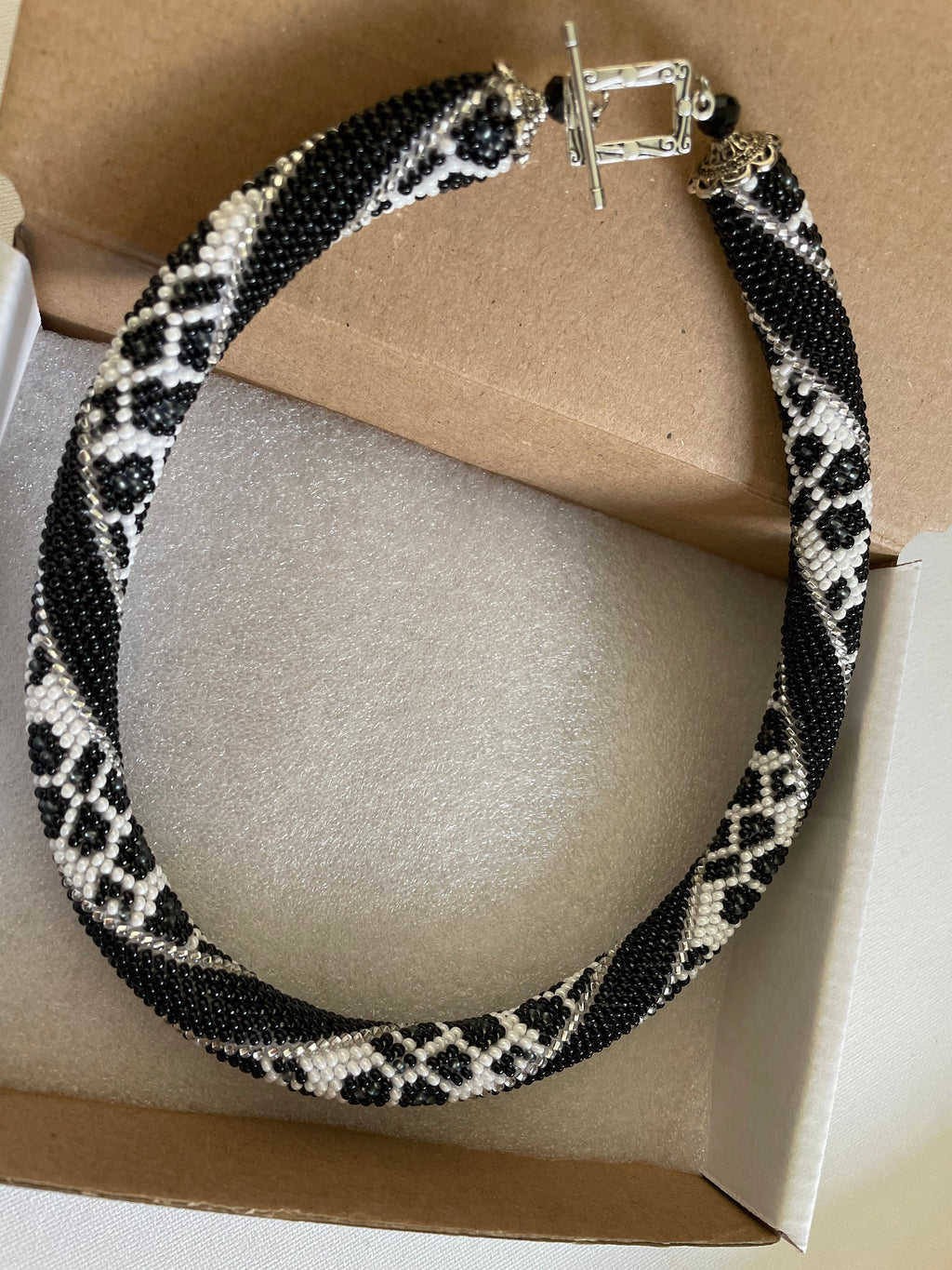 Leopard necklace beaded, monochrome boho bohemian choker, Necklace gift for wife, statement animal print jewelry for women