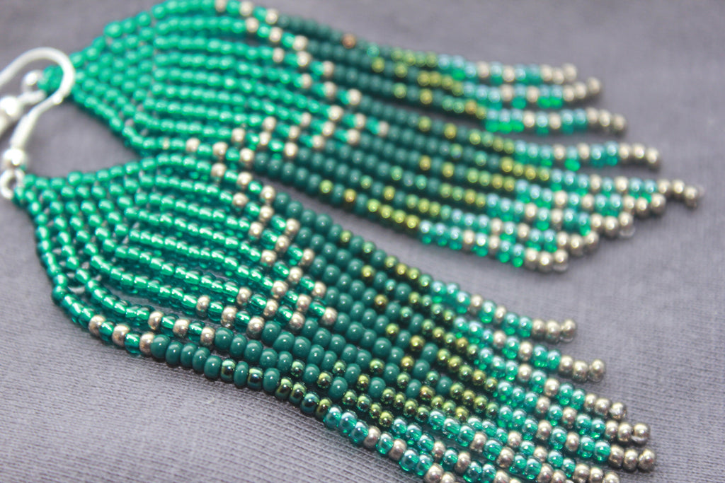 Emerald beaded earrings, Long earrings Fringe earrings, Ombre earrings Seed bead earrings, Chandelier earring Boho, beadwork earrings Dangle