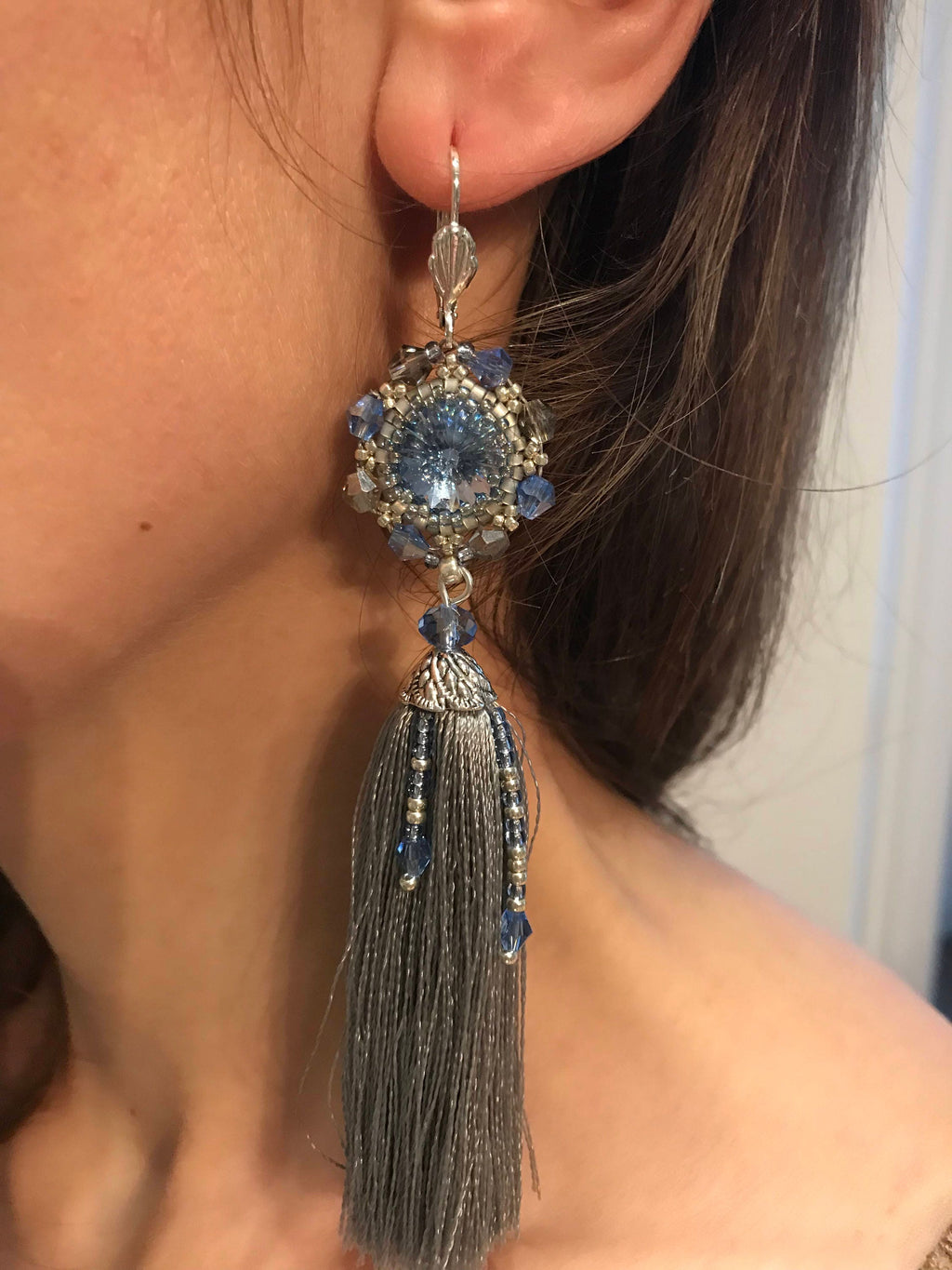 Dusty Blue Swarovski Crystal Beaded Silk Tassel Earrings: Bridal Something Blue Jewelry Handmade 5 inch