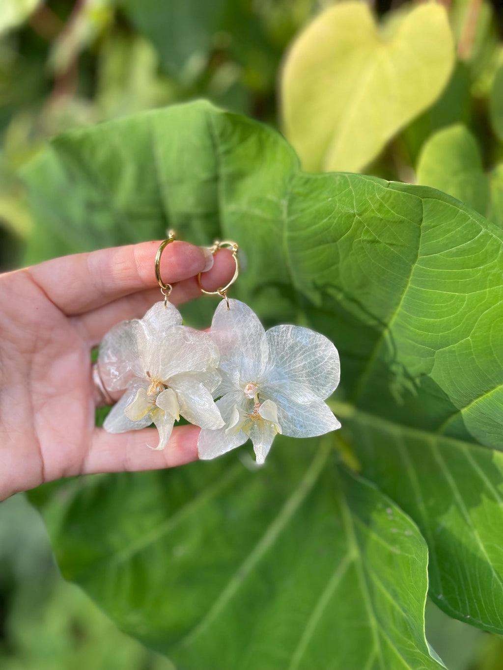 Real Orchid Clip-On Earrings | Unique White & Chartreuse Floral Dangles | Resin Jewelry Gift for her