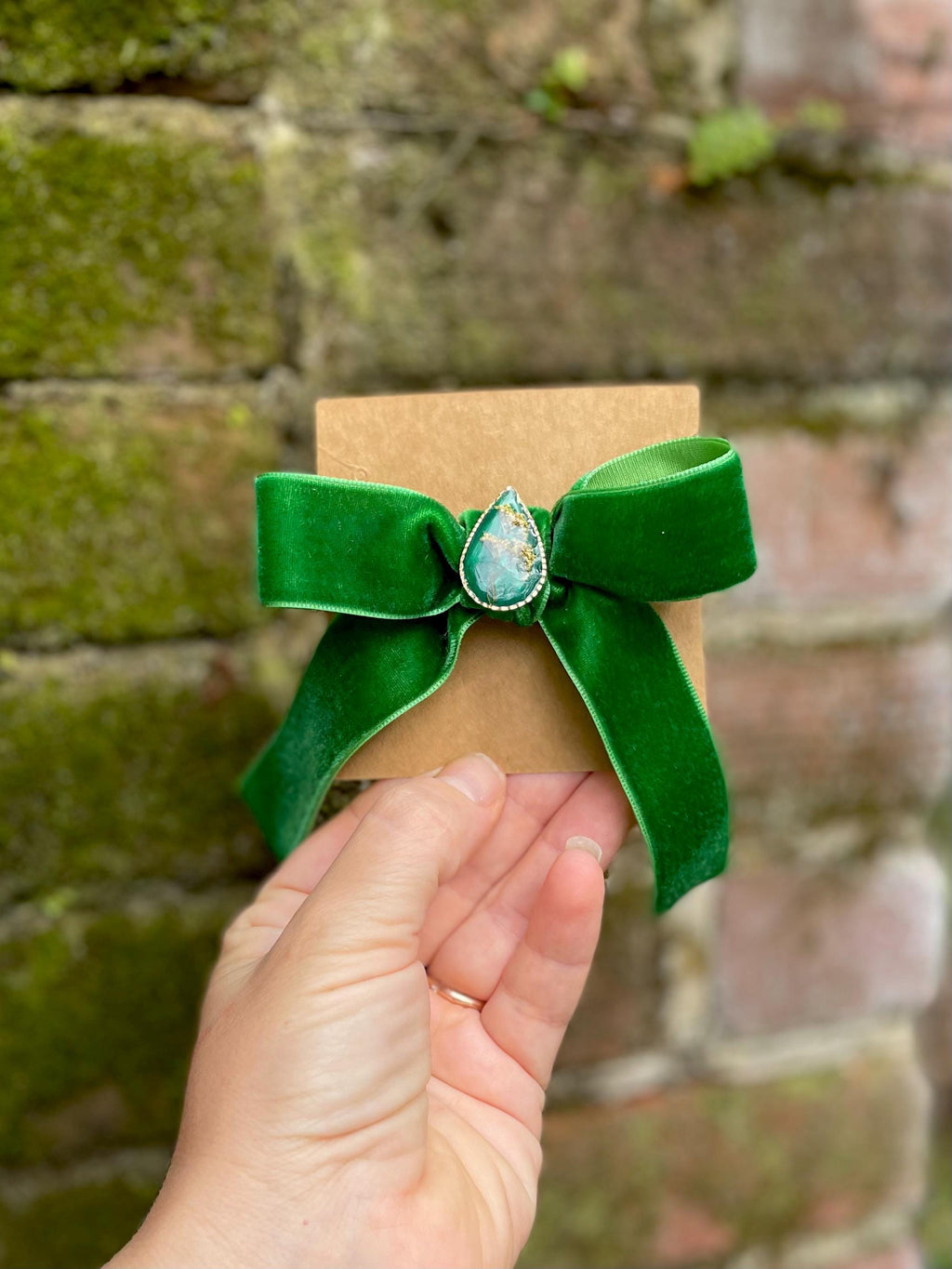Forest Green Velvet Hair Bow Clip: Real Wildflower Charm