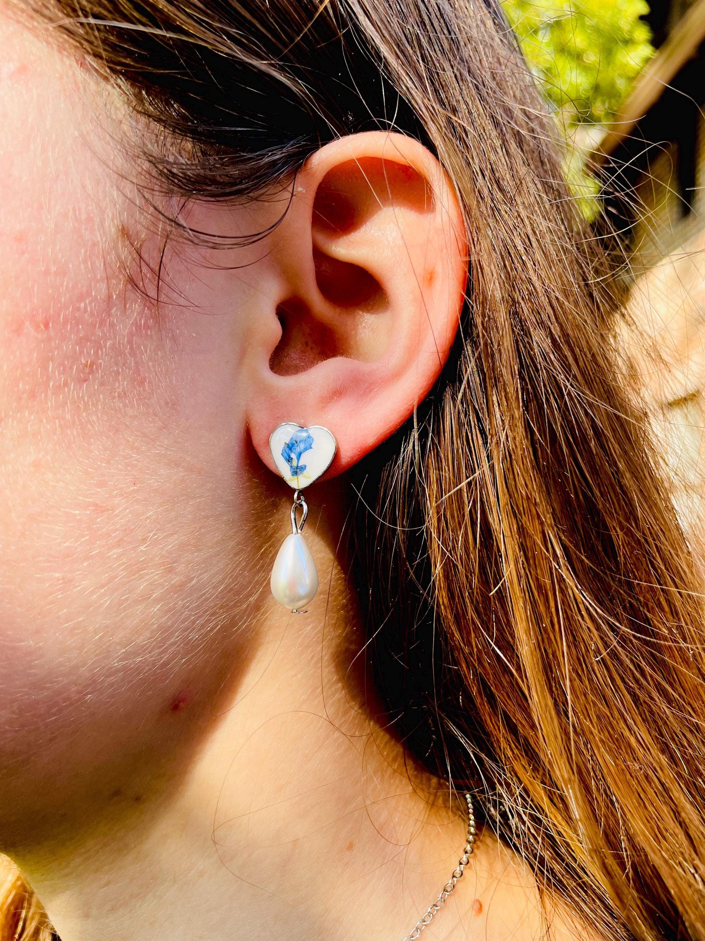 Dainty Heart Earrings: Real Blue Flower Studs, Pearl Drop, Surgical Steel
