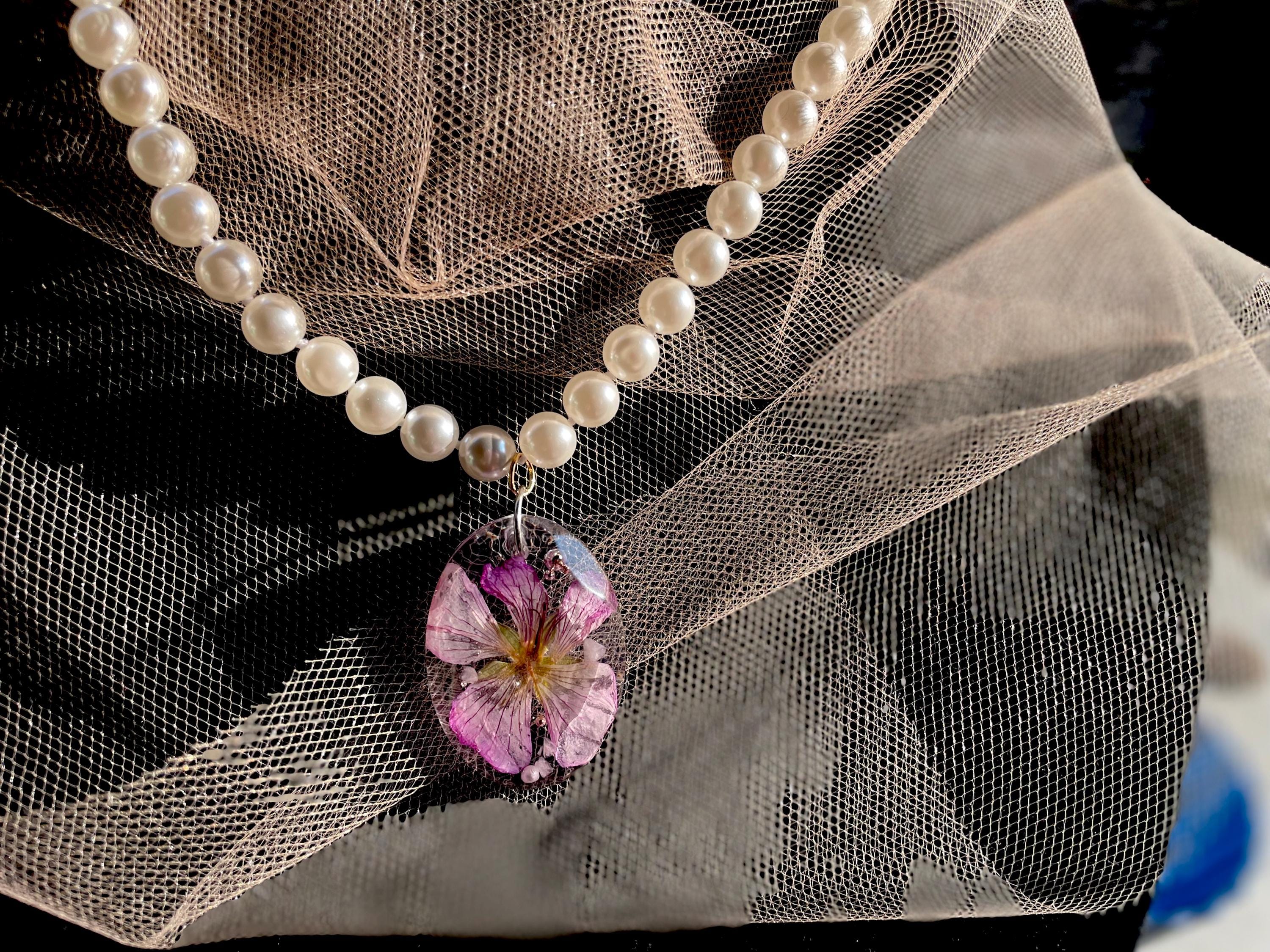 March Birth Flower Pearl Necklace: Cherry Blossom Rose Quartz Pendant
