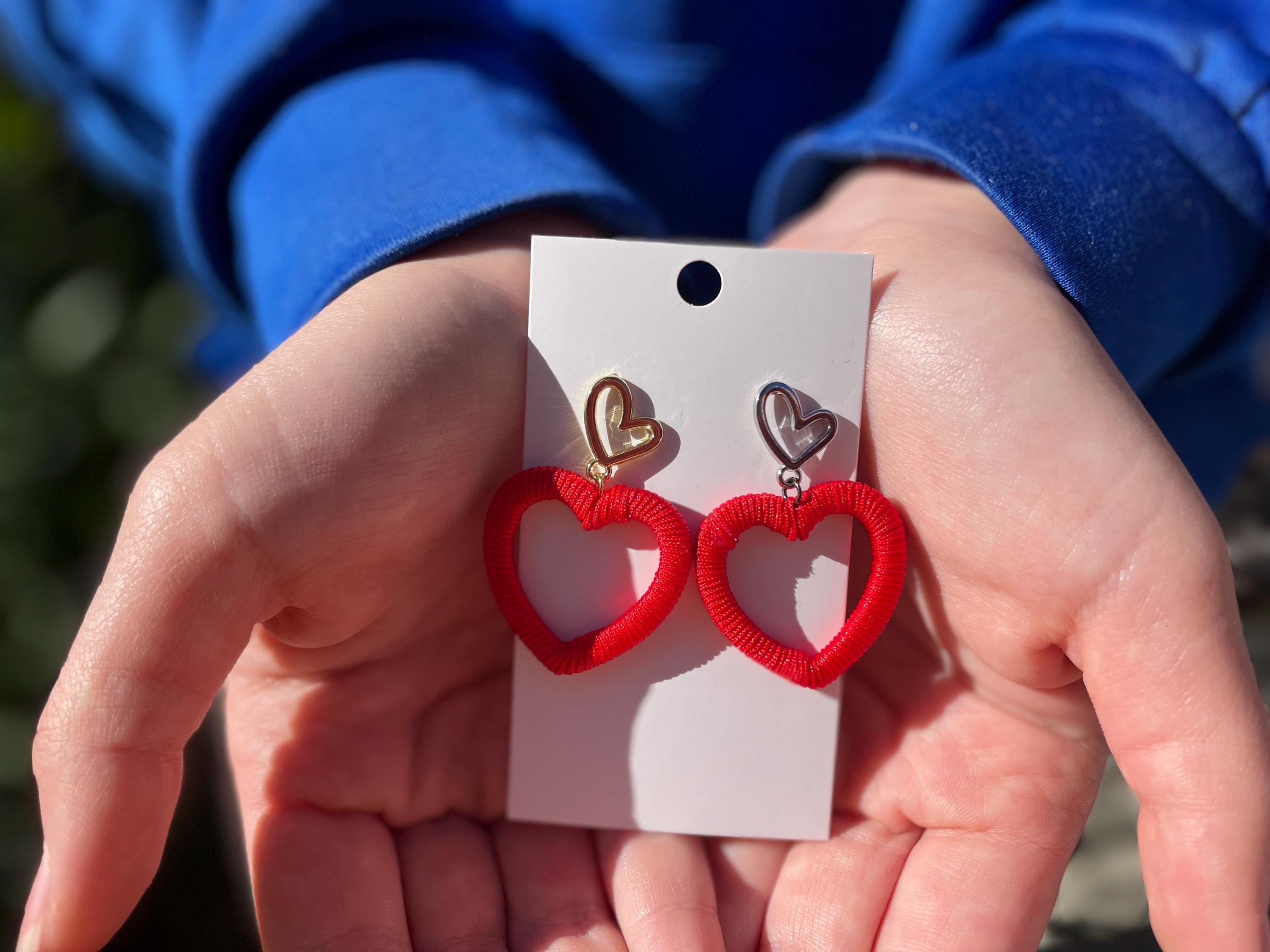 Large Heart Earrings Custom Heart hoop earrings Red heart clip on earrings Les Bonbon silk  wrapped dangles Cute Valentine earrings friend