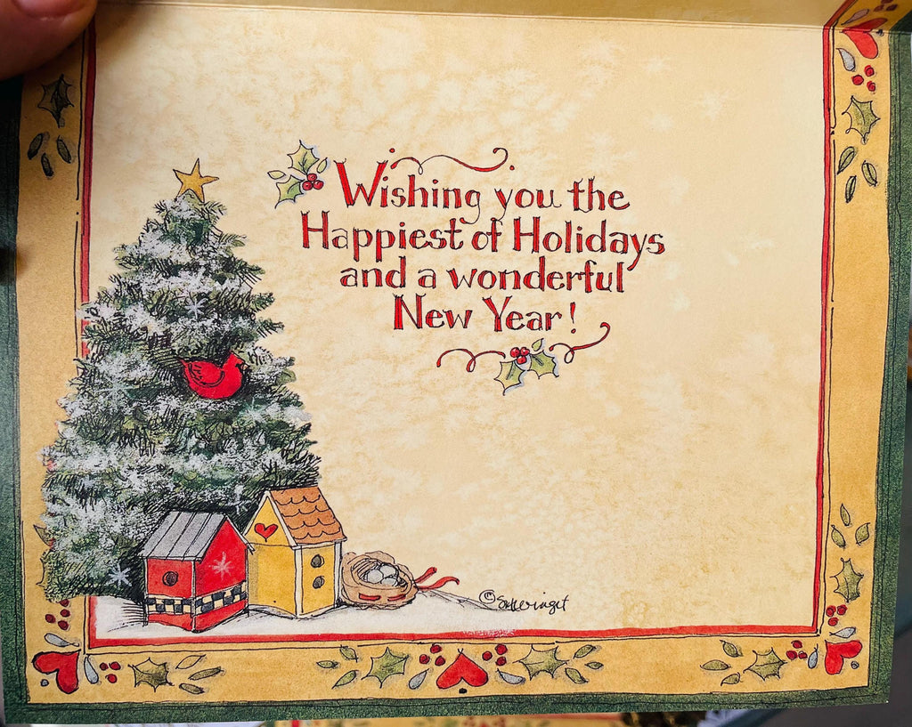 Holiday Door Christmas card boxed Vintage Old Fashion Christmas Card Snowman Sleigh Presents Christmas Wreath Farmhouse Winter Greeting Card