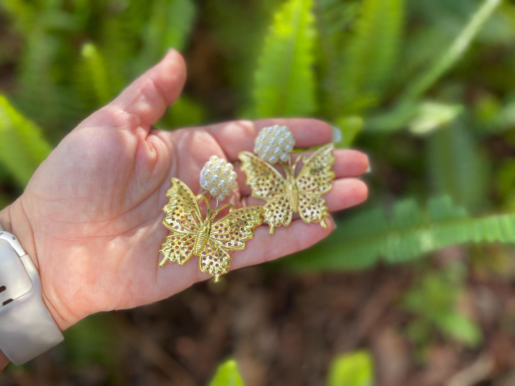 14k Gold Butterfly Clip On Earrings: Pearl Filigree Dangle