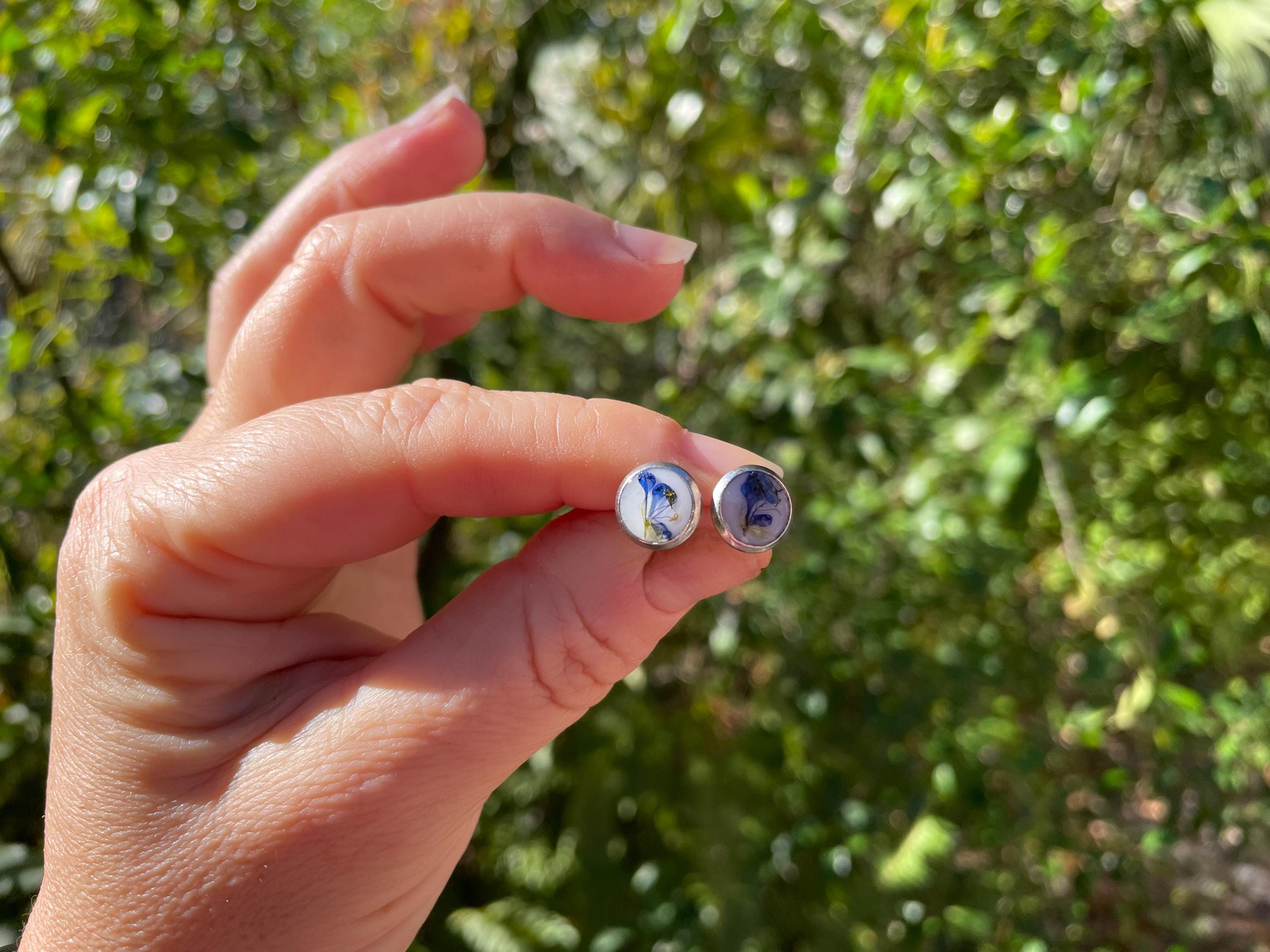 Tiny Pressed Blue Flower Earrings: Silver Resin Studs, Surgical Steel