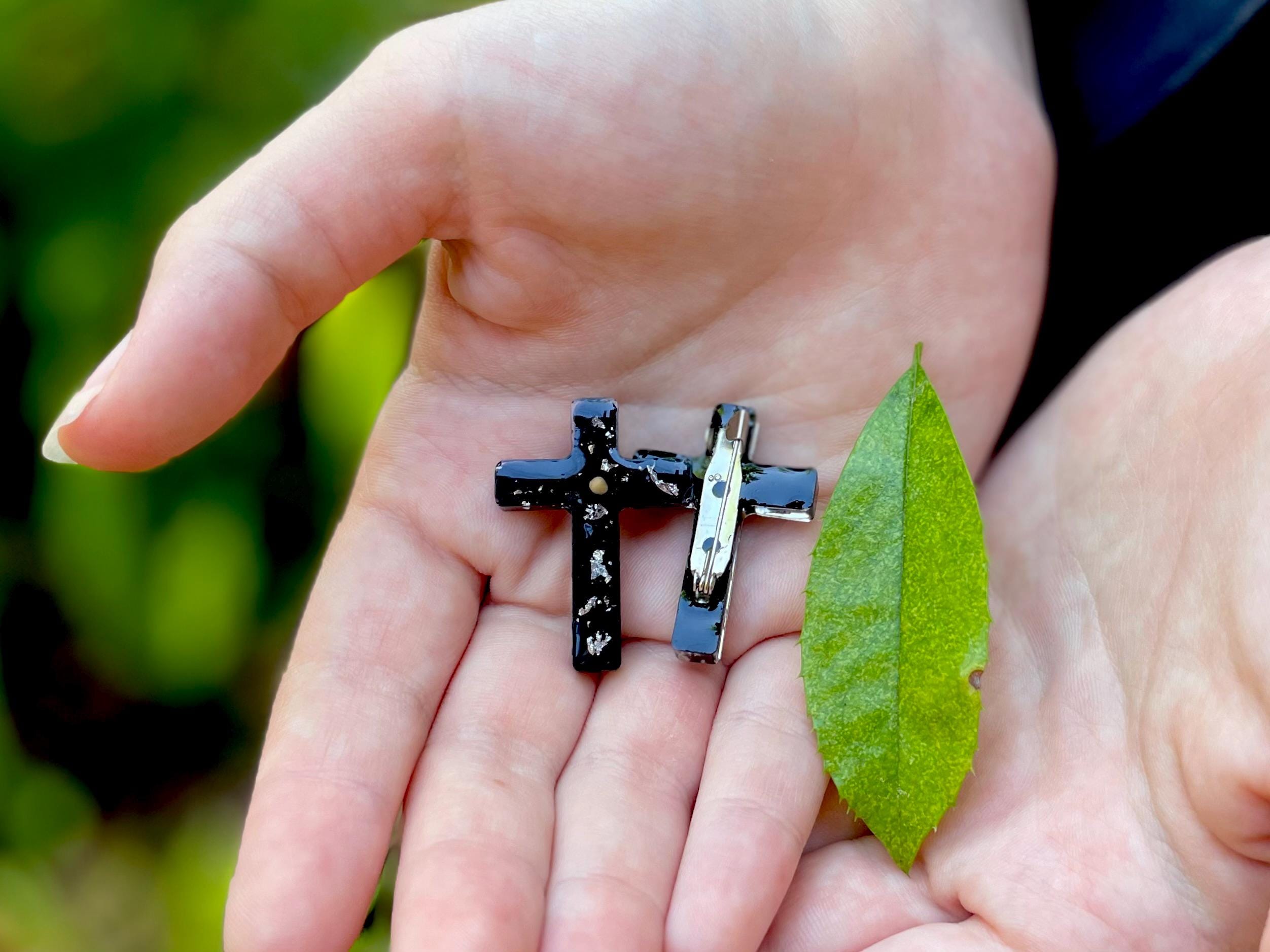 Black Cross Brooch for Men/Women: Mustard Seed Catholic Gift, 1.7 Inch