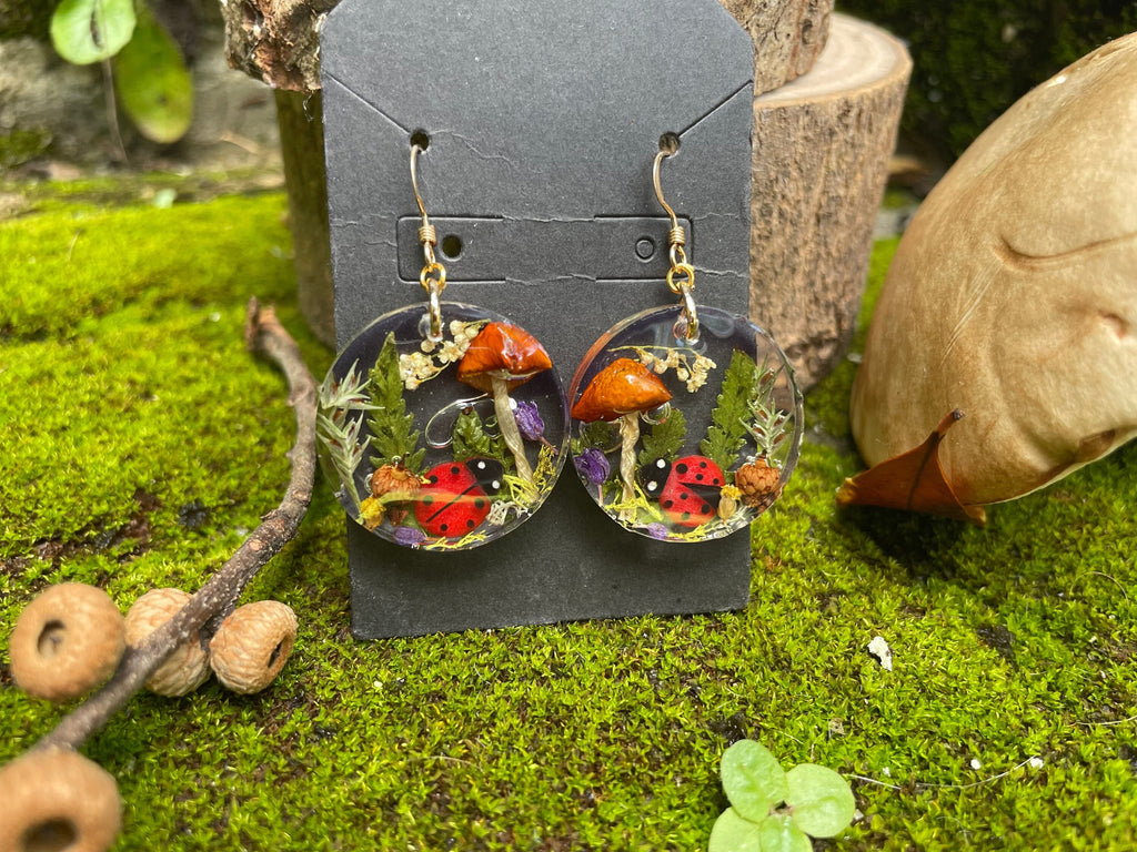 Mushroom Dangle Earrings: Real Acorn, Fern & Ladybug - Woodland Jewelry