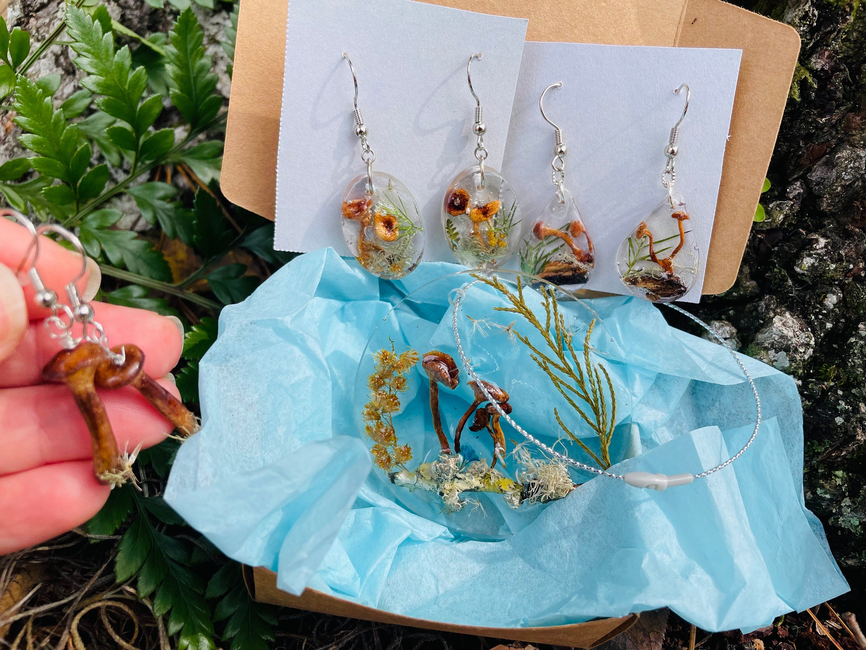 Minimalist Real Mushroom earrings resin for men women unique Whimsigoth gift for her best friend Real Mushroom Pendant Gift for boyfriend