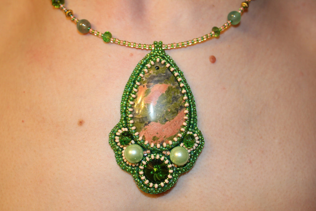 Unakite pendant crystal necklace unique, fertility crystal gift wife, beaded embroidered gemstone chakra jewelry for her, Mothers day gifts