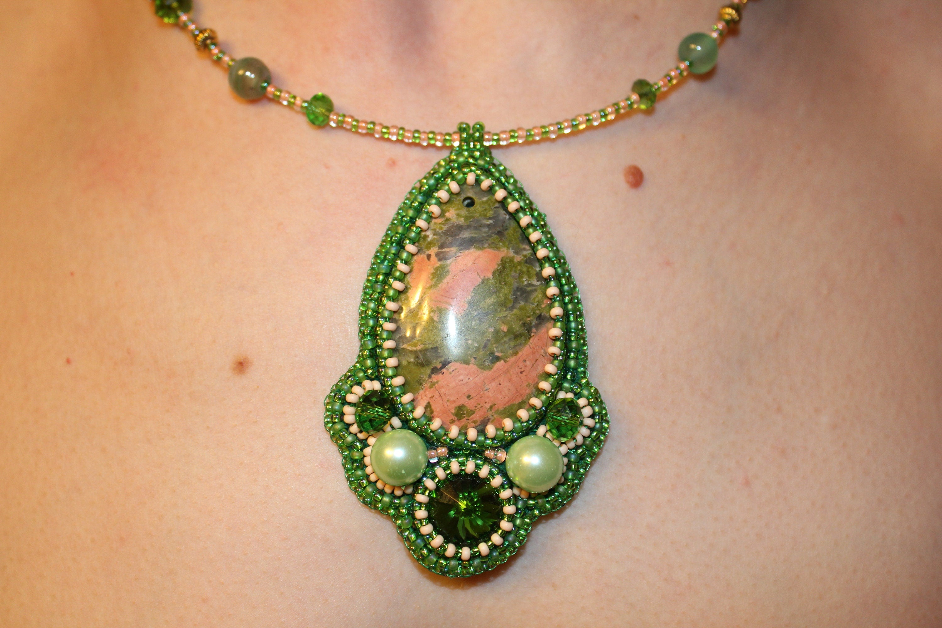 Unakite pendant crystal necklace unique, fertility crystal gift wife, beaded embroidered gemstone chakra jewelry for her, Mothers day gifts
