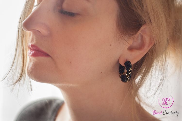 Halloween Snake earrings, black hoop earrings beaded, tribal earrings witch jewelry, modern earrings women, gothic crochet earrings handmade