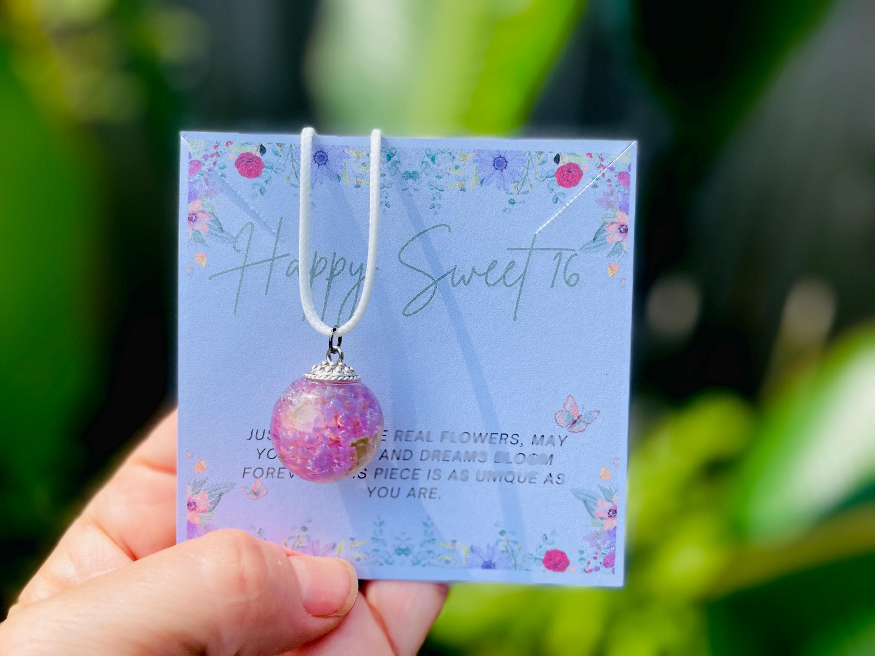 Sweet 16 Pink Flower Resin Pendant Necklace: Silver Chain or Leather Cord