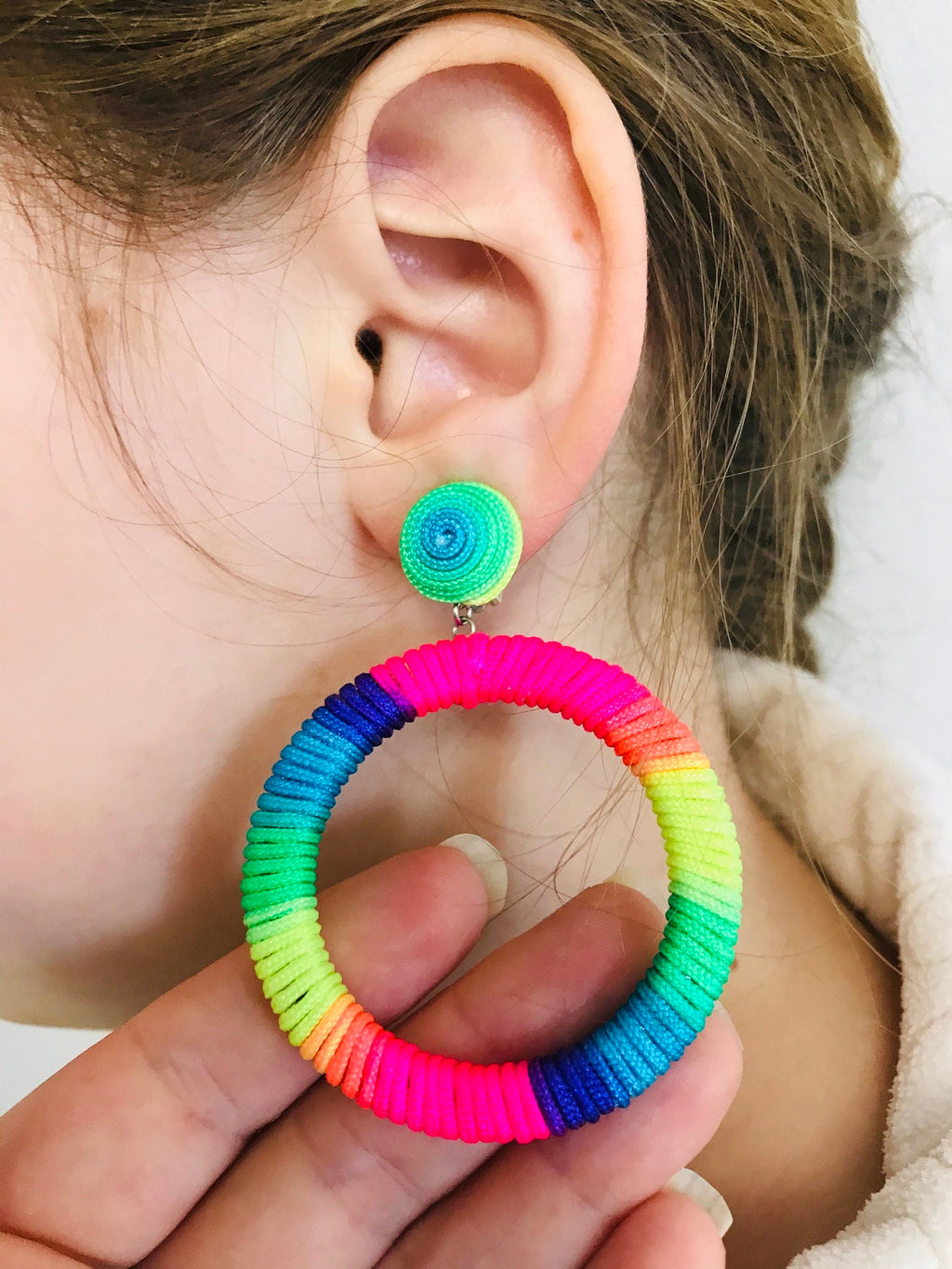 Rainbow colorful Oversize hoop earrings, big hoops clip on, statement laser cut wooden studs~trendy fashion jewelry, Christmas gifts for mom