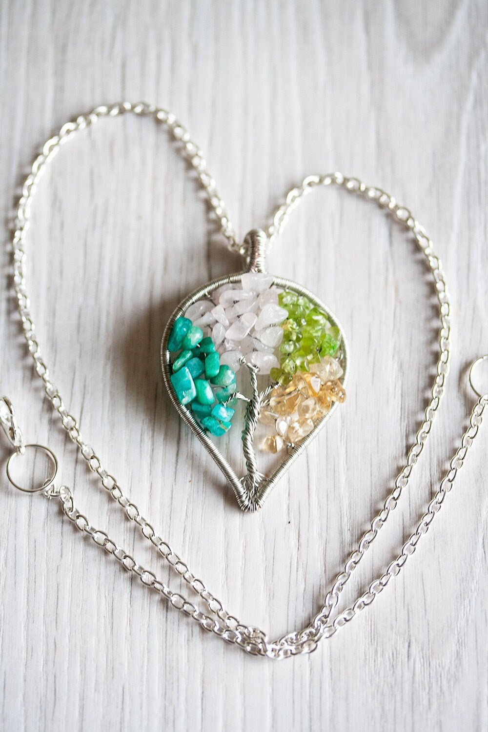 Teardrop Citrine Quartz Peridot Green Amazonite Raw Crystal Tree of Life Pendant Chain Necklace Silver Wire Wrapped