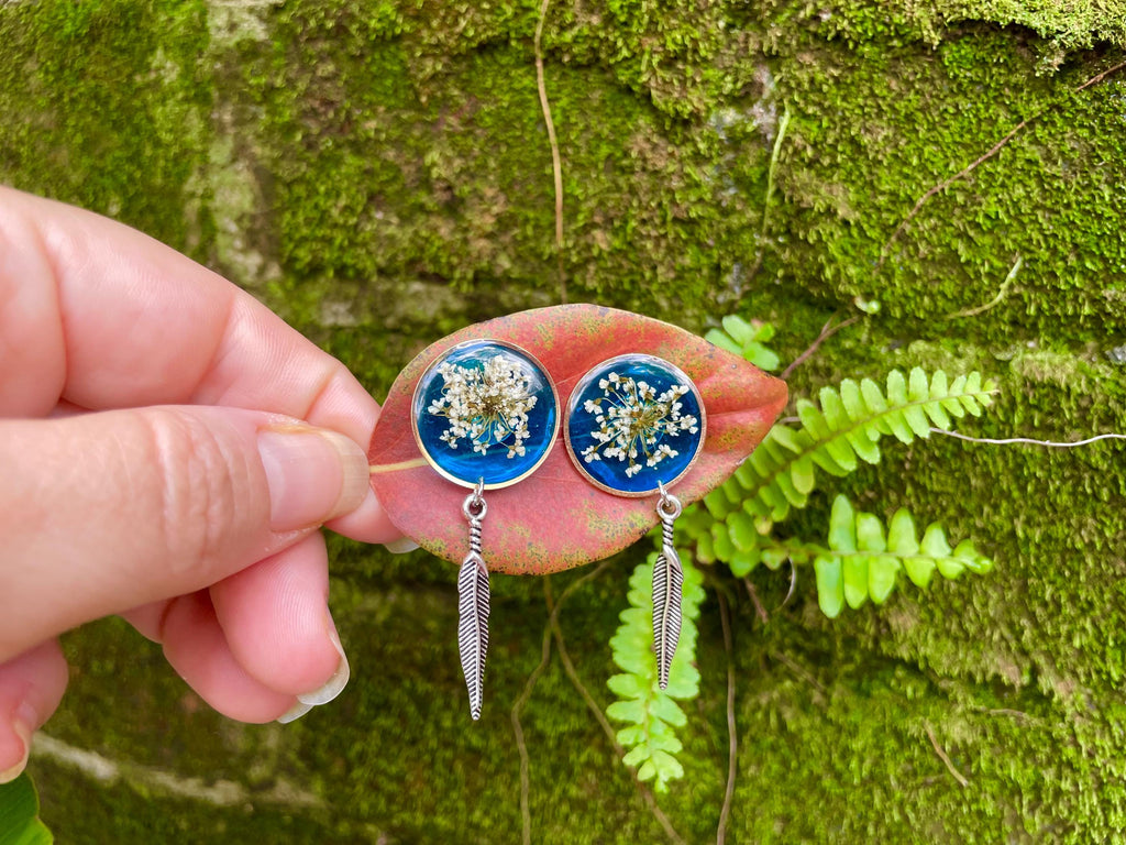 Patina Blue Resin Stud Earrings: Real Pressed Flower and Turquoise Feather jewelry
