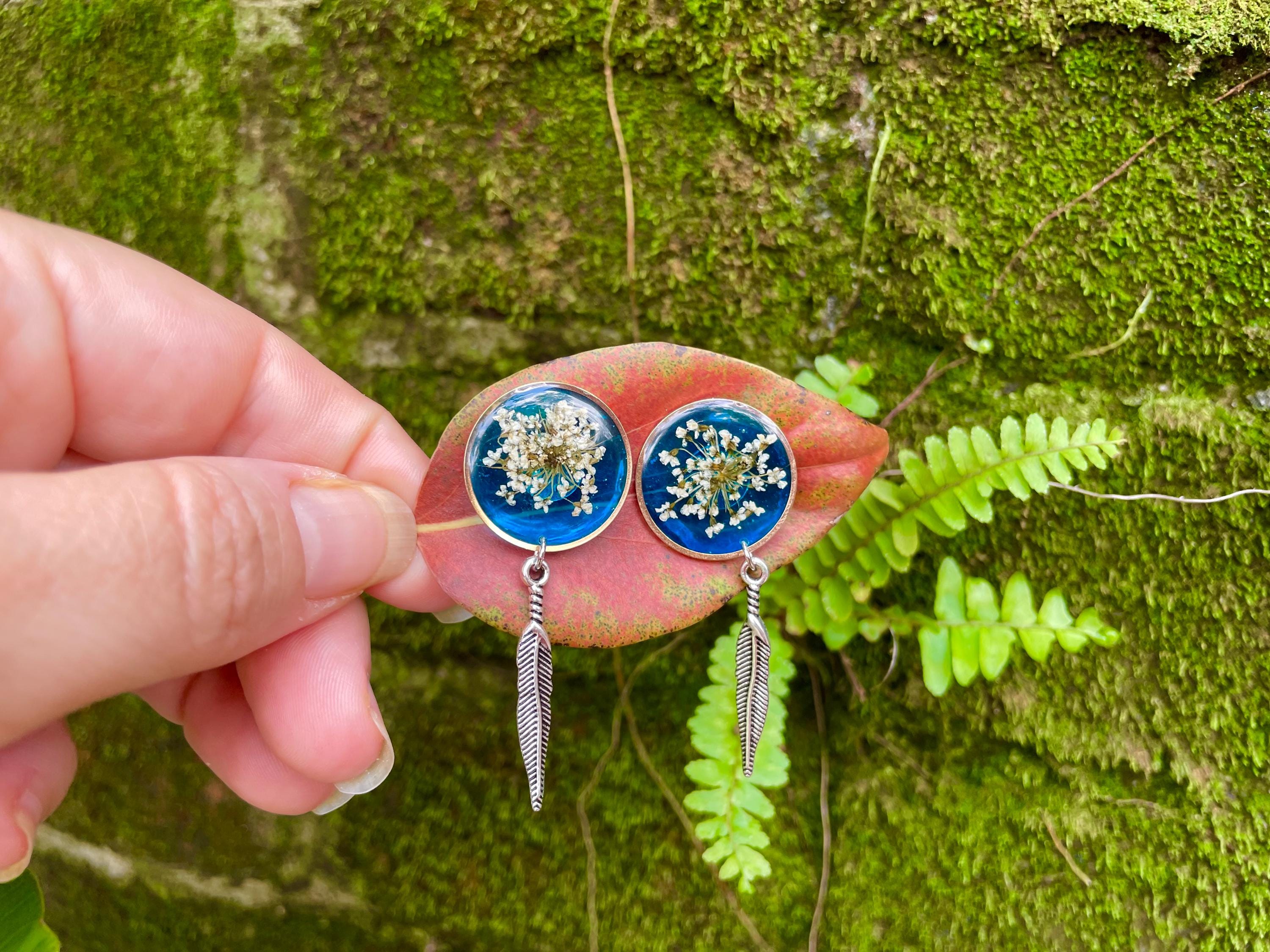 Patina Blue Resin Stud Earrings: Real Pressed Flower and Turquoise Feather jewelry