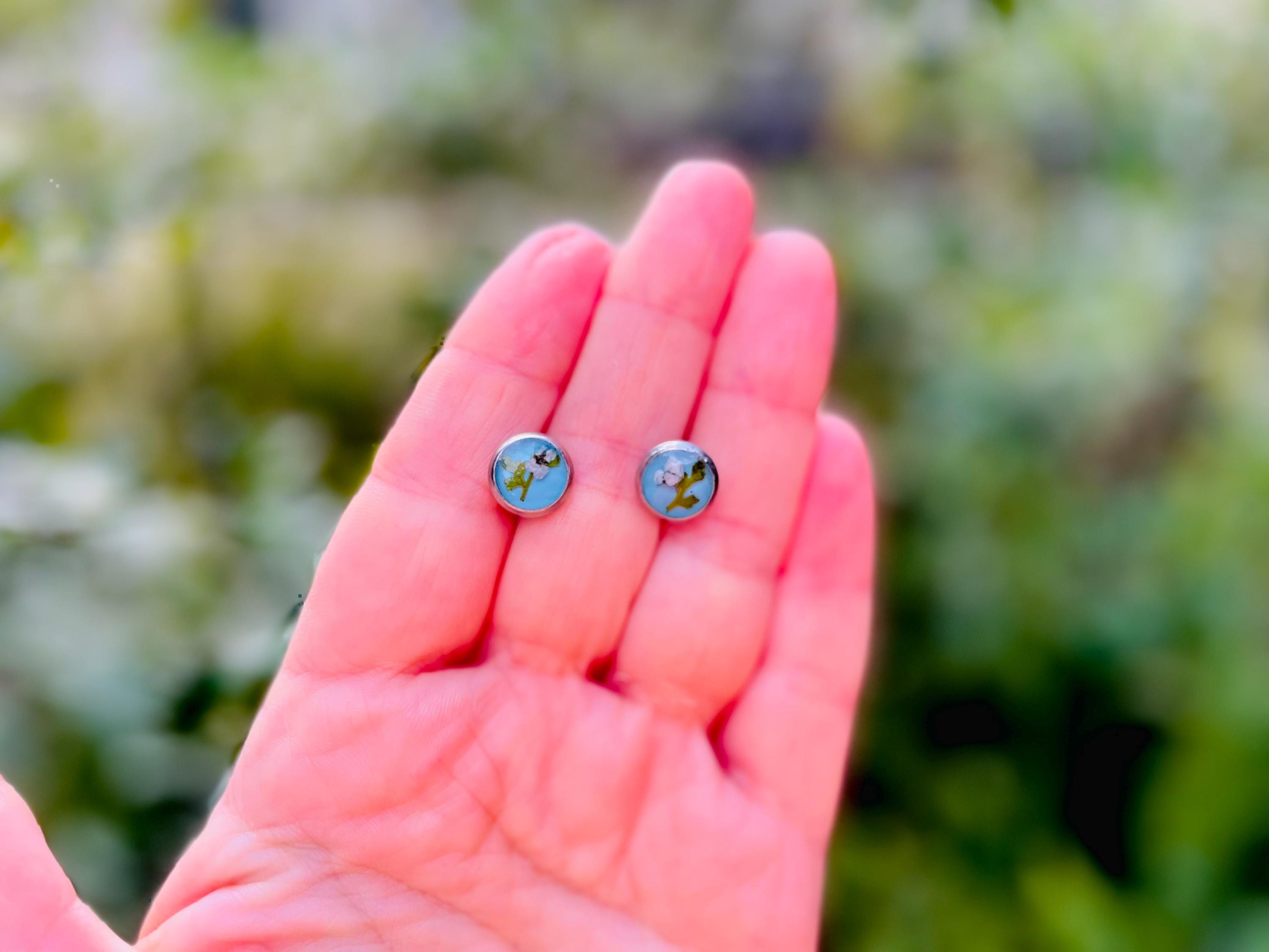 Aquamarine Blue Titanium Posts with Real Pressed Flowers: Tiny Floral Studs