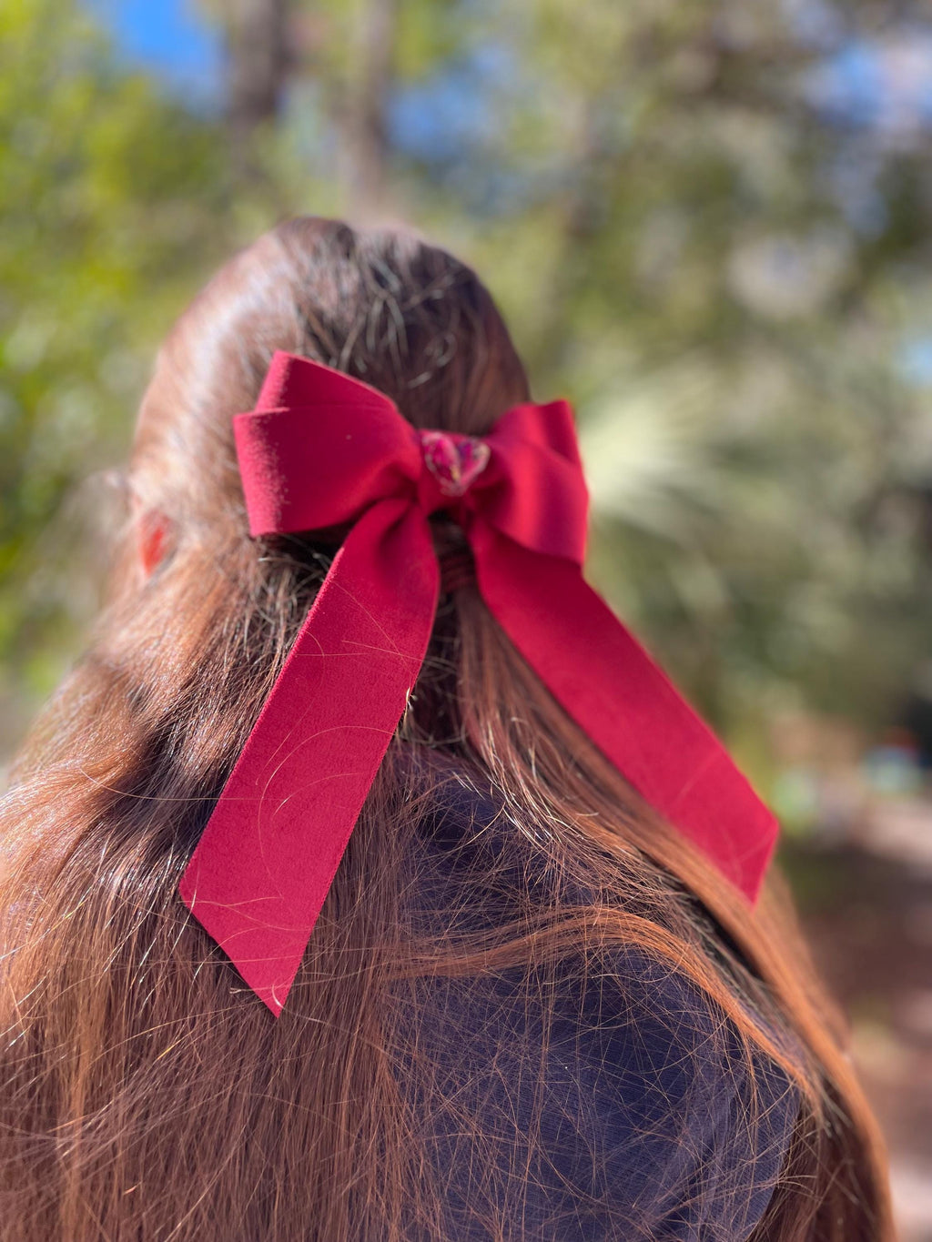 Burgundy Velvet Hair Bow: Rose Petal Heart Charm, Valentine's Day