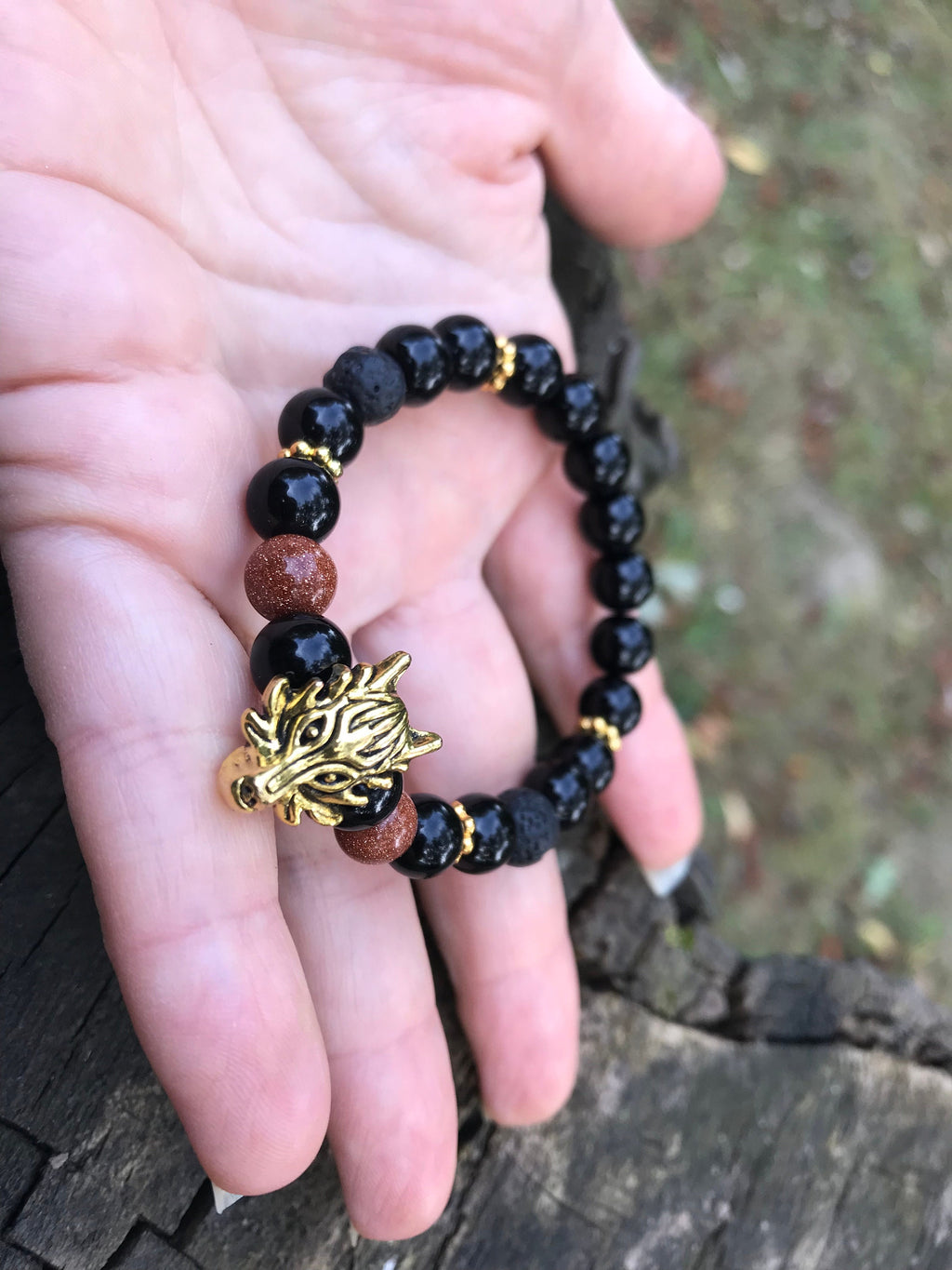 Christmas gift for him, black beaded bracelet with gold Wolf charm for men, lava diffuser bracelet anniversary present for boyfriend brother