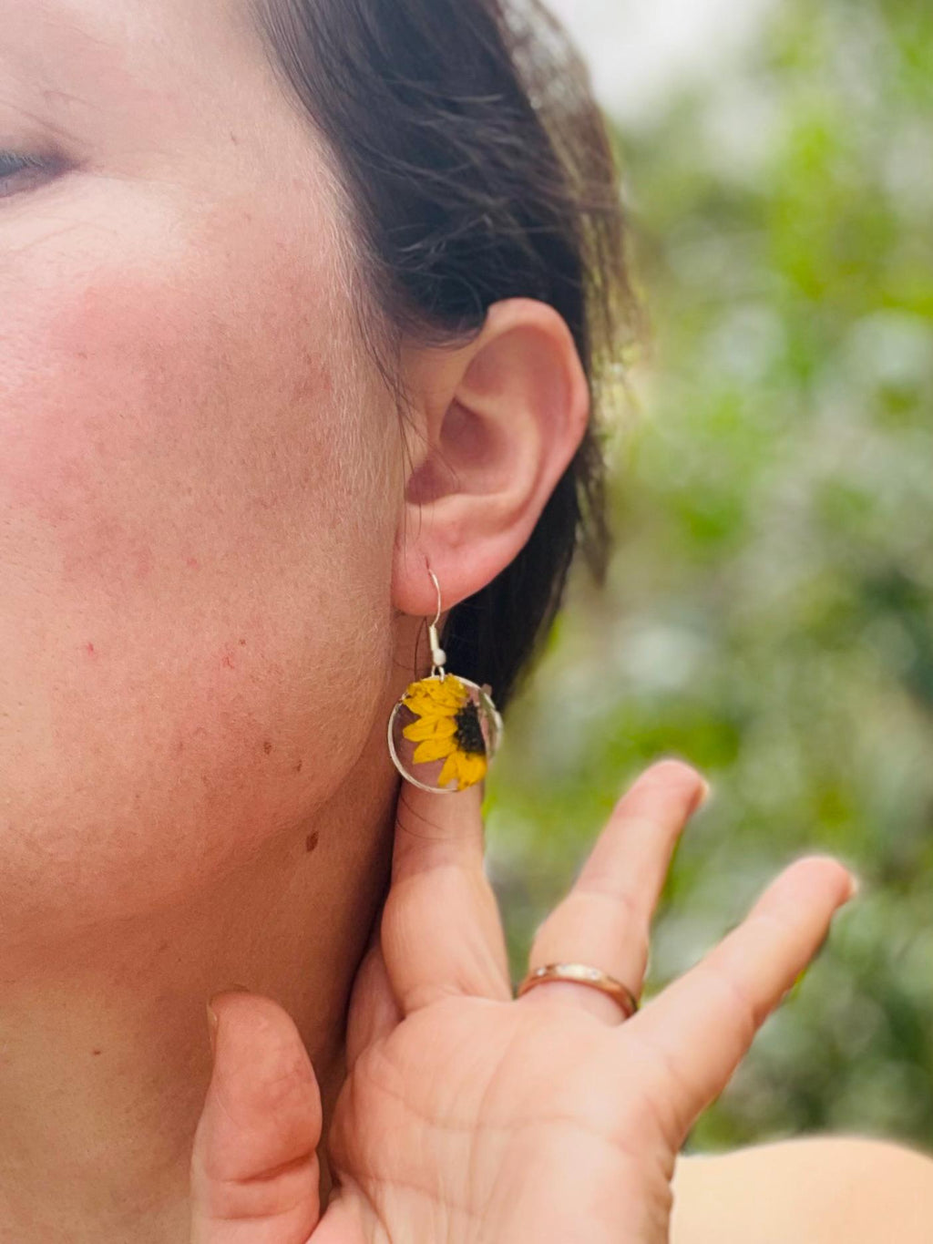 Real Pressed Sunflower Earrings: Sterling Silver Dangle Resin Jewelry