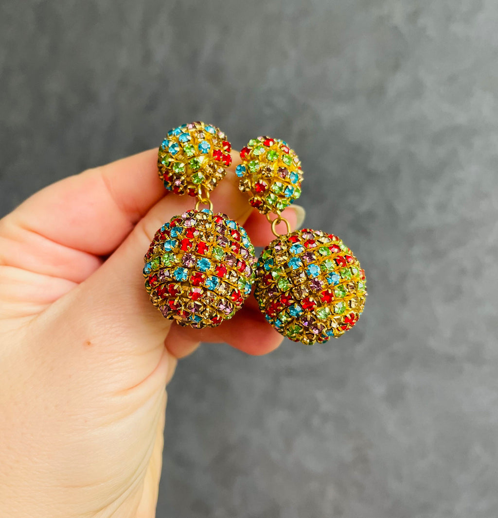 Rhinestone Disco Ball Drop Earrings: Gold Plated Clip On or Stud