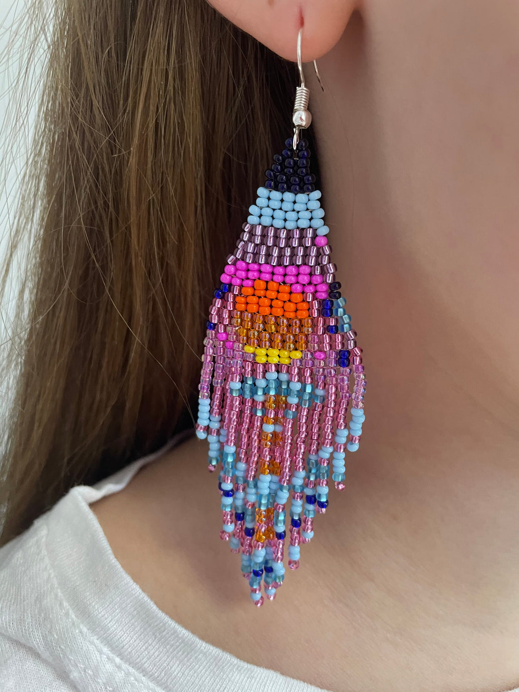 Pink Sunset long fringe Earrings dangle chandelier Seed bead earrings Artistic Beadwork earrings Seed bead Boho earring Sky Landscape Sea