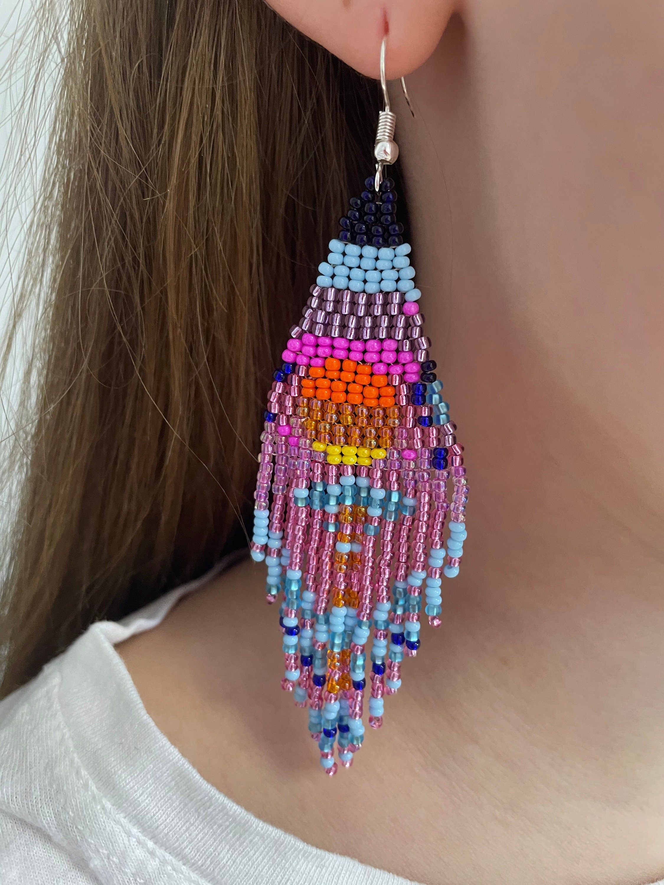 Pink Sunset long fringe Earrings dangle chandelier Seed bead earrings Artistic Beadwork earrings Seed bead Boho earring Sky Landscape Sea
