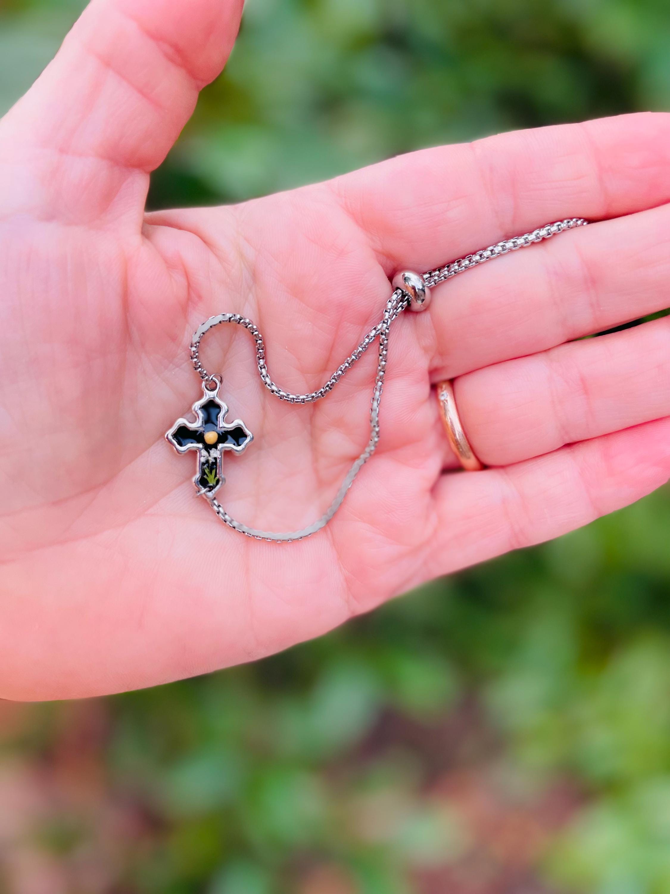 Black Cross Earrings: Pressed Flower Mustard Seed Christian Jewelry, Birthstone Color