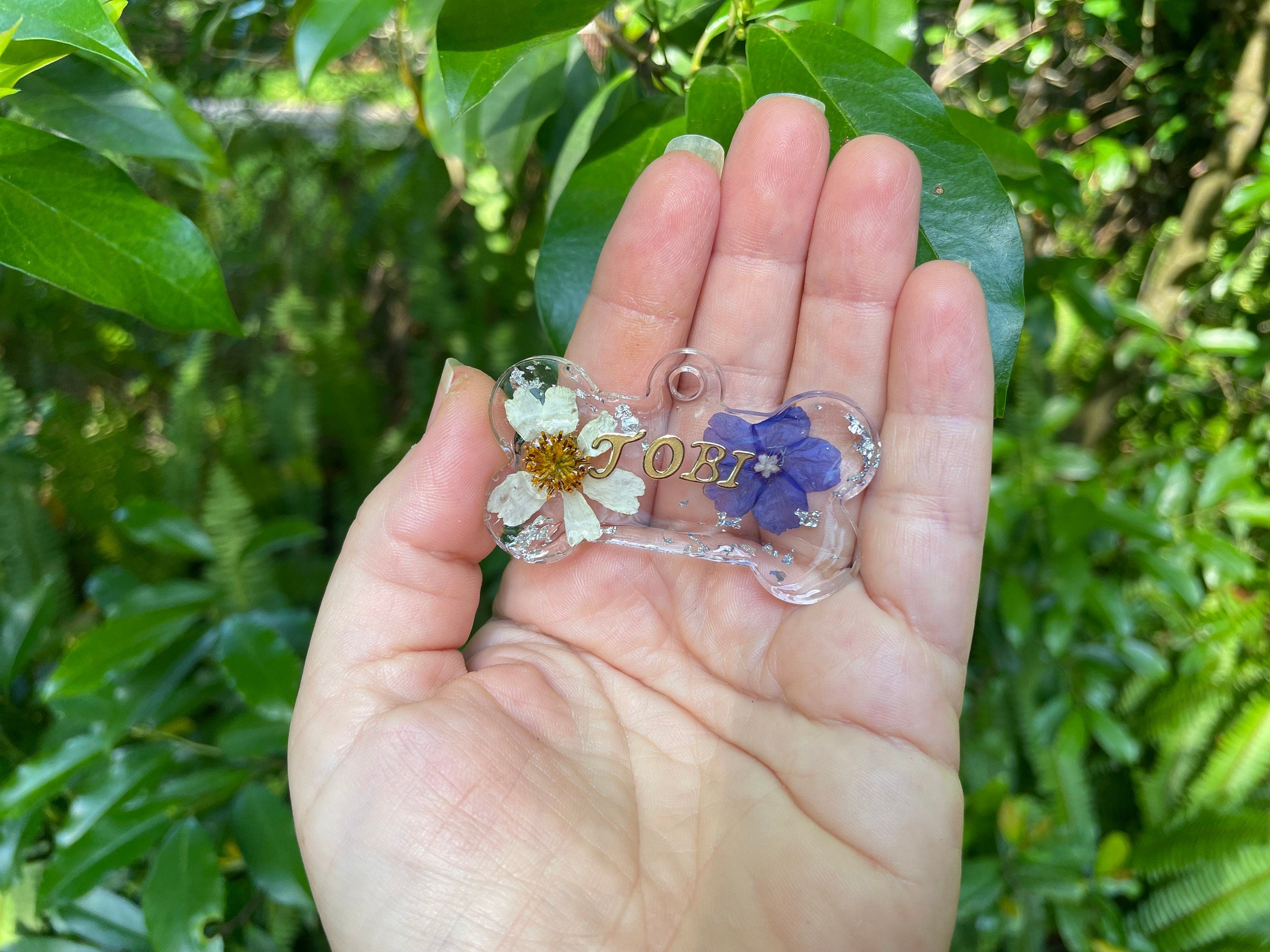 Custom Birth Flower Pet Tag: Resin Dog Name Tag, Forget-Me-Not