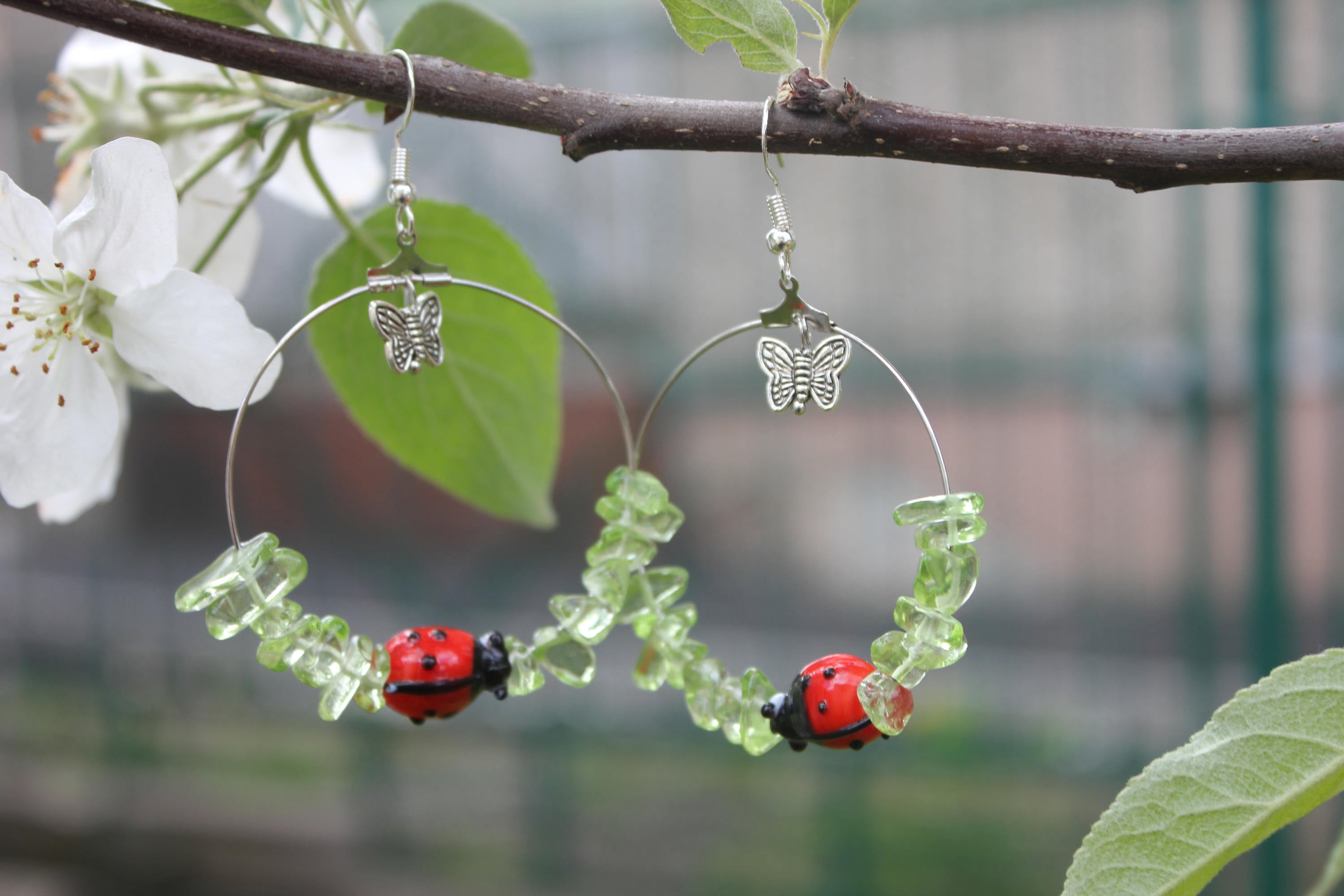 Custom Birthstone earrings for wife, Peridot hoop earrings with ladybug butterfly charm, birthday jewelry gift green summer earrings crystal