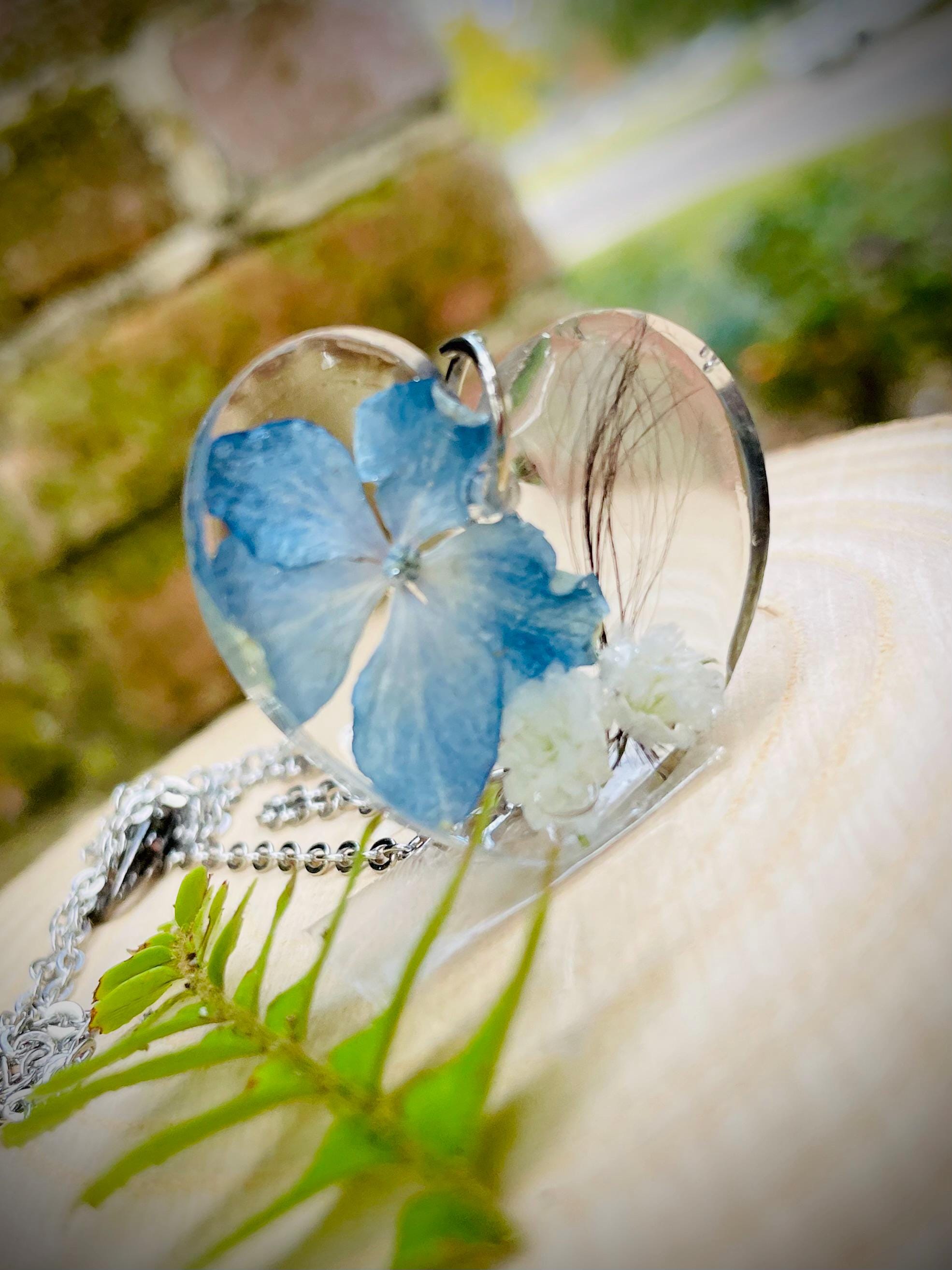 Pet Hair Keepsake Necklace: Dried Hydrangea Flower Memorial Pendant