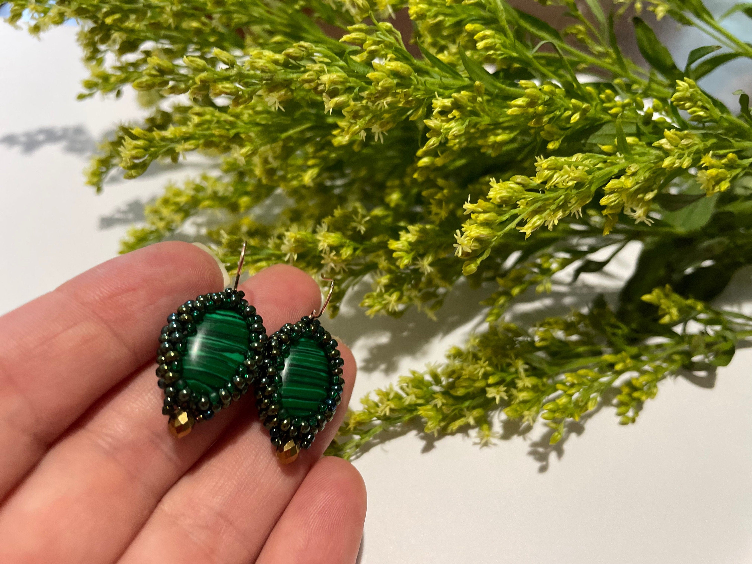 Handmade Malachite Dangle Earrings: Green Gemstone Beaded Jewelry