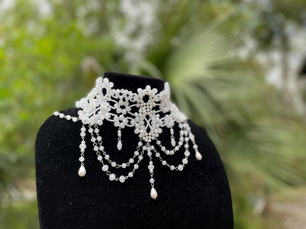 Pearl Lace Bridal Choker: Crystal Beaded Wedding Necklace Collar