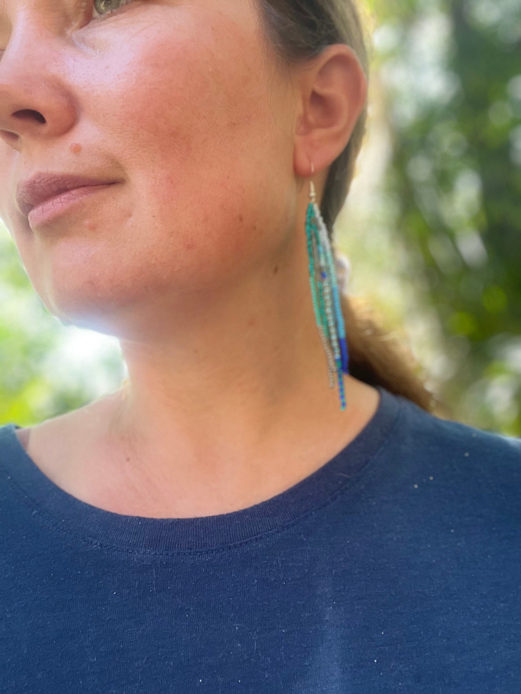 Patina blue Turquoise beaded earrings Long Emerald green Fringe earrings Ombre Chandelier Seed bead earrings Boho beadwork Dangle handmade