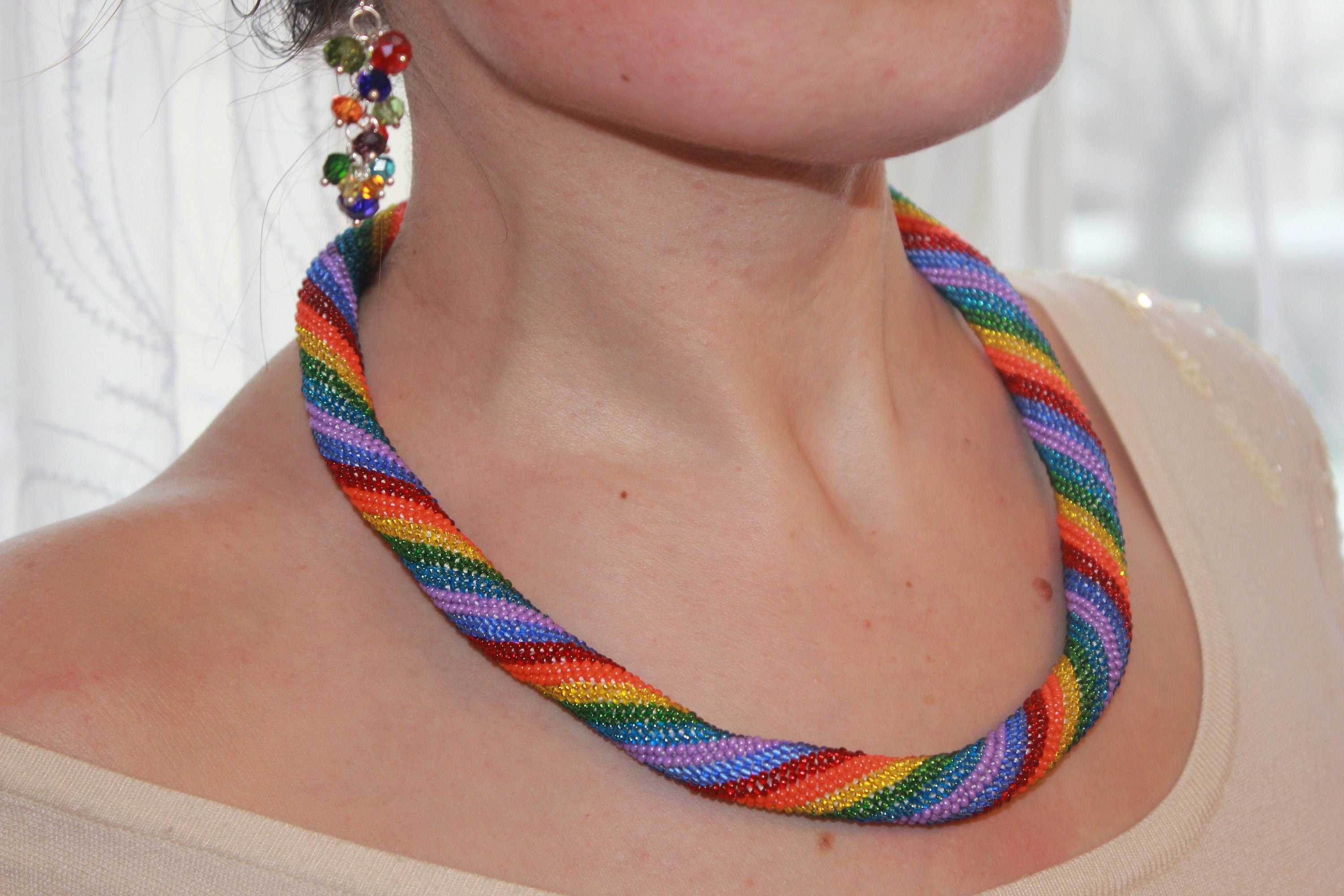 Colorful beaded choker necklace, striped rainbow necklace African boho chic necklace for girlfriend birthday sister lesbian jewelry crochet
