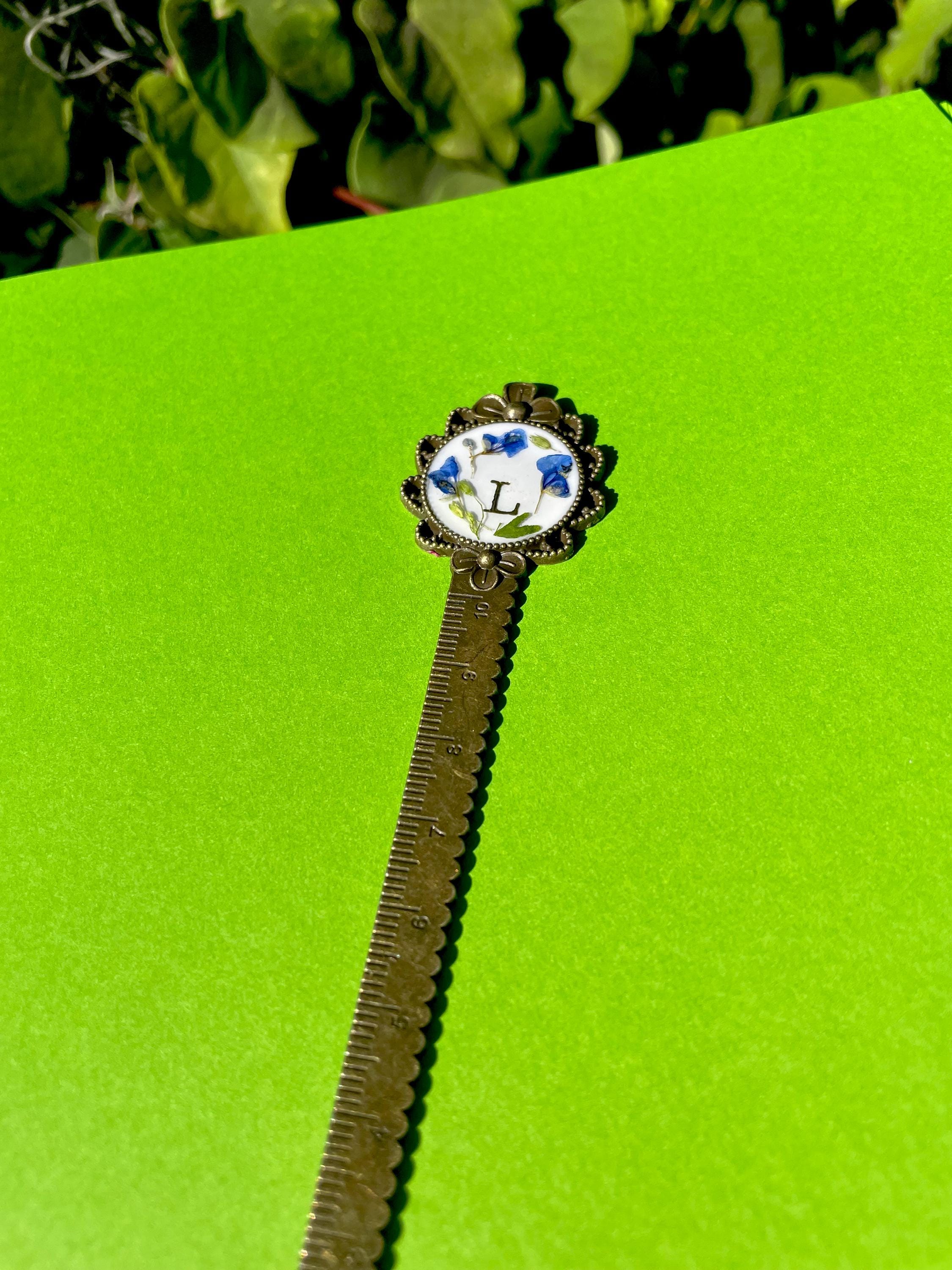 Custom Initial Blue Flower Bookmark: Personalized Resin Metal Bronze / Silver Bookmark, Book Lover Gift
