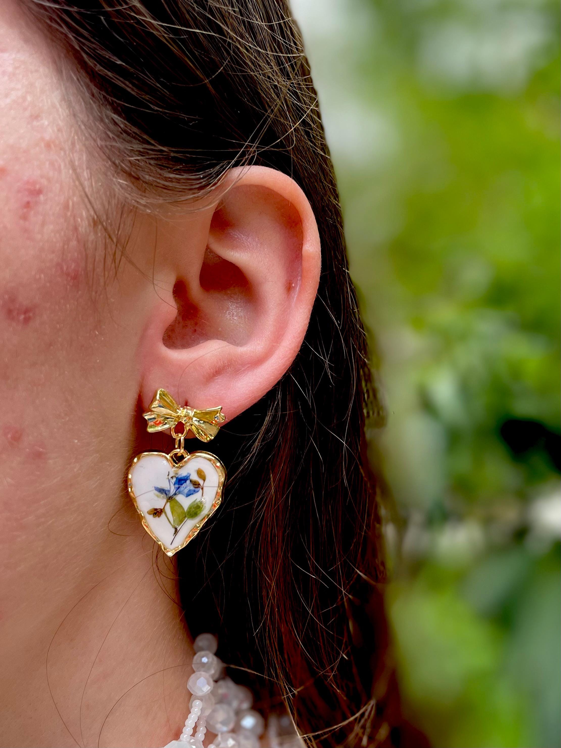 14 K Gold Bow Earrings Stud: Japanese Porcelain Inspired Heart Earrings Real Flower