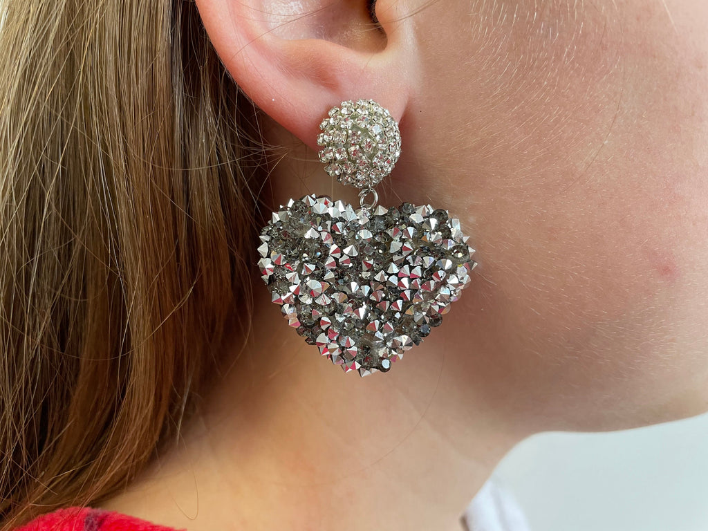 Open Cora Large Hoop Heart Crystal earrings Silver, Drop Earrings Les Bonbon, Big Heart Shaped Rhinestone Statement Earrings gift for her