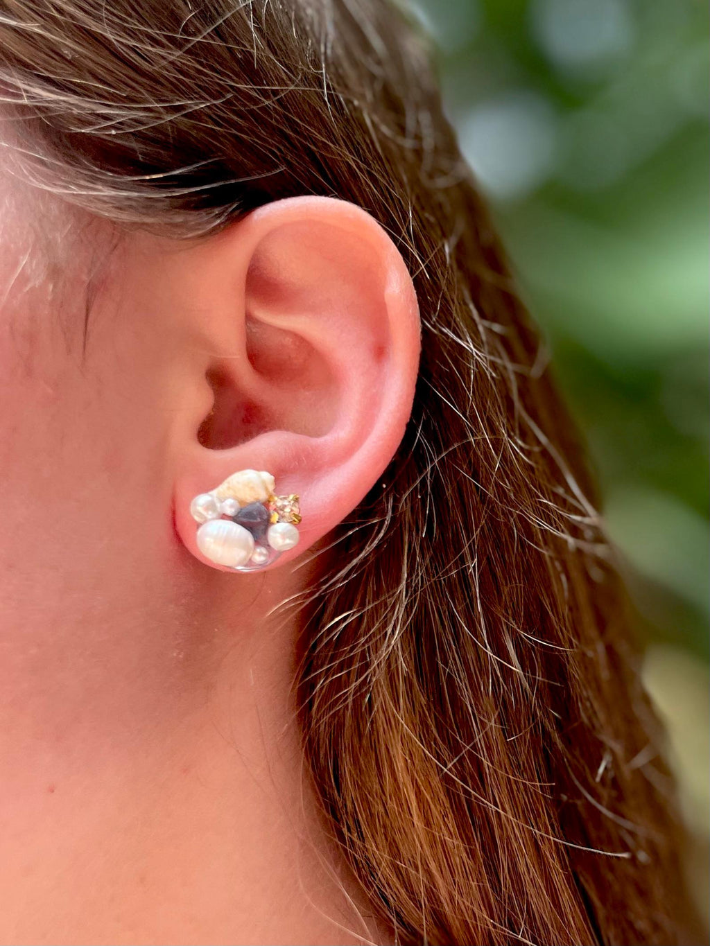 Real Shell Pearl Stud Earrings: Ocean Resin Sea Glass, Beach Bridal Jewelry