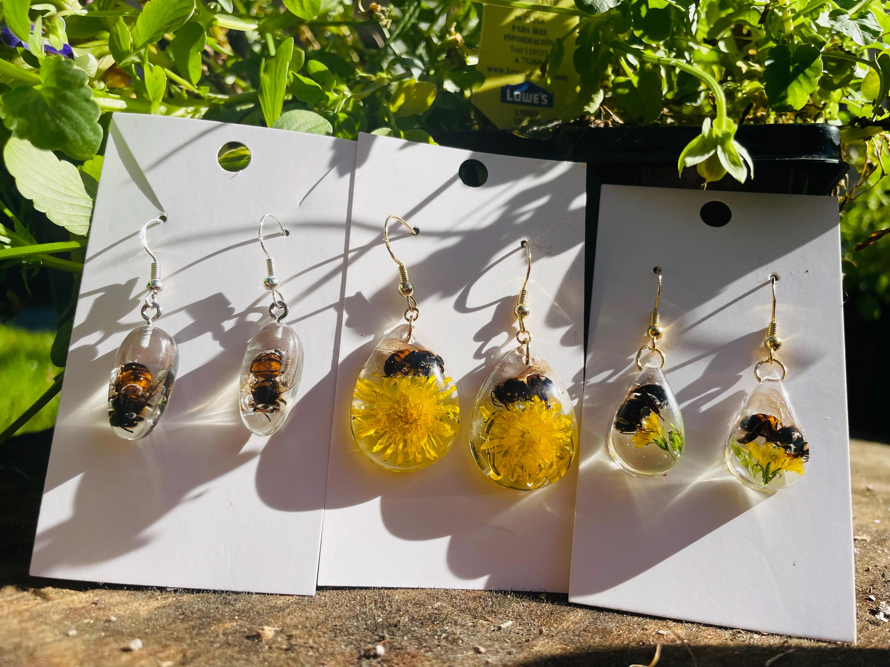 Real Bee Mens Dangle Earrings Resin: Minimalist Insect Jewelry Gift for him Ethically Preserved