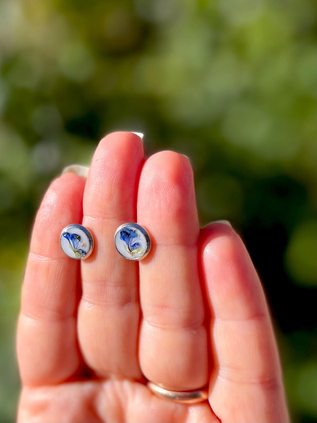 Tiny Pressed Blue Flower Earrings: Silver Resin Studs, Surgical Steel