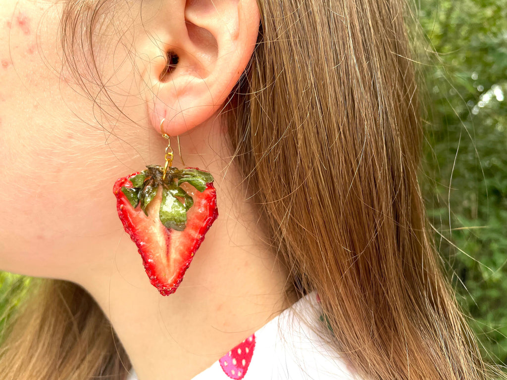 Real Strawberry Resin Earrings: 14K Gold Filled Dangle Earrings