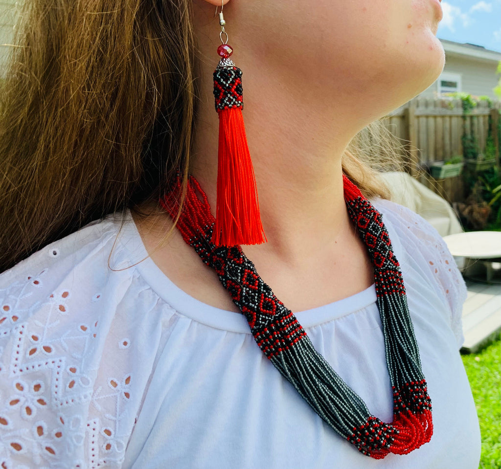 Red and black Folk Ukrainian necklace Ukrainian Beaded Necklace Seed bead vyshyvanka necklace Multistrand red and gray necklace Bohemian