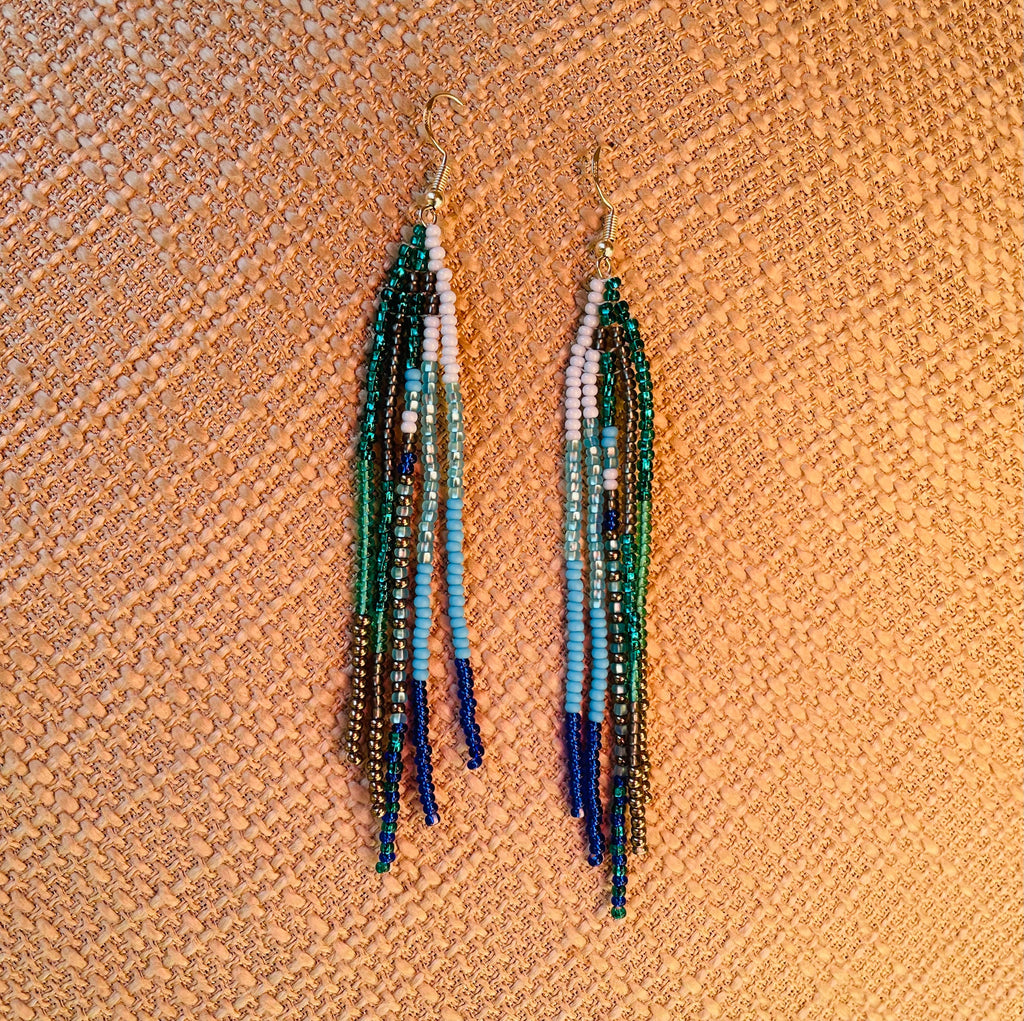 Patina blue Turquoise beaded earrings Long Emerald green Fringe earrings Ombre Chandelier Seed bead earrings Boho beadwork Dangle handmade