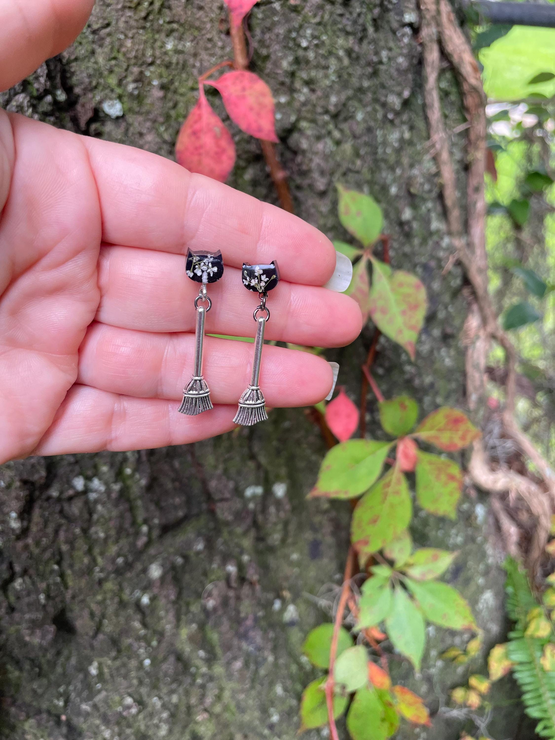 Antique Silver Witch Broom and Resin Black Cat Halloween Stud Earrings with Pressed Flowers