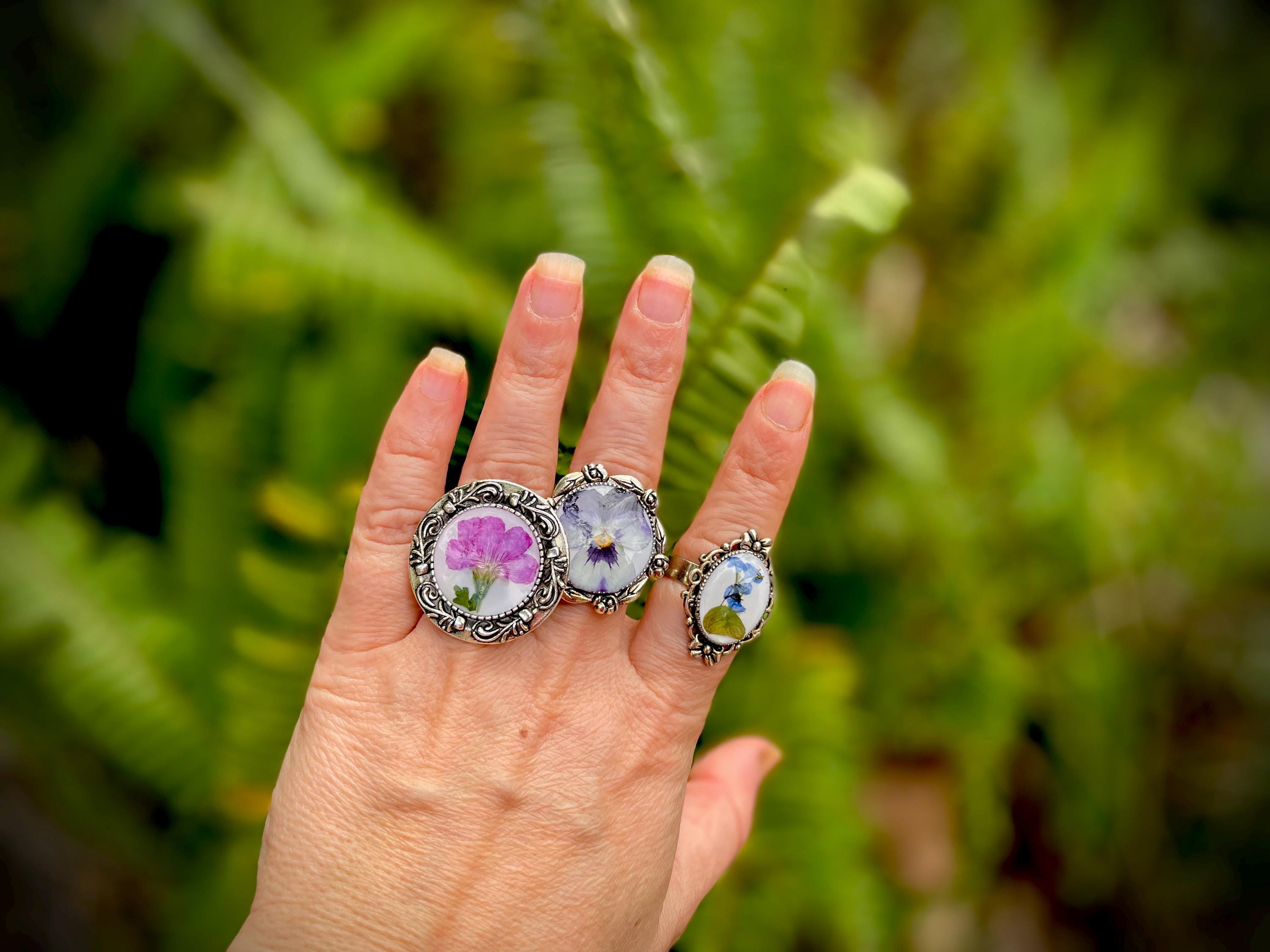 Silver Pansy Ring: Pressed Flower Cameo, February Birth Flower