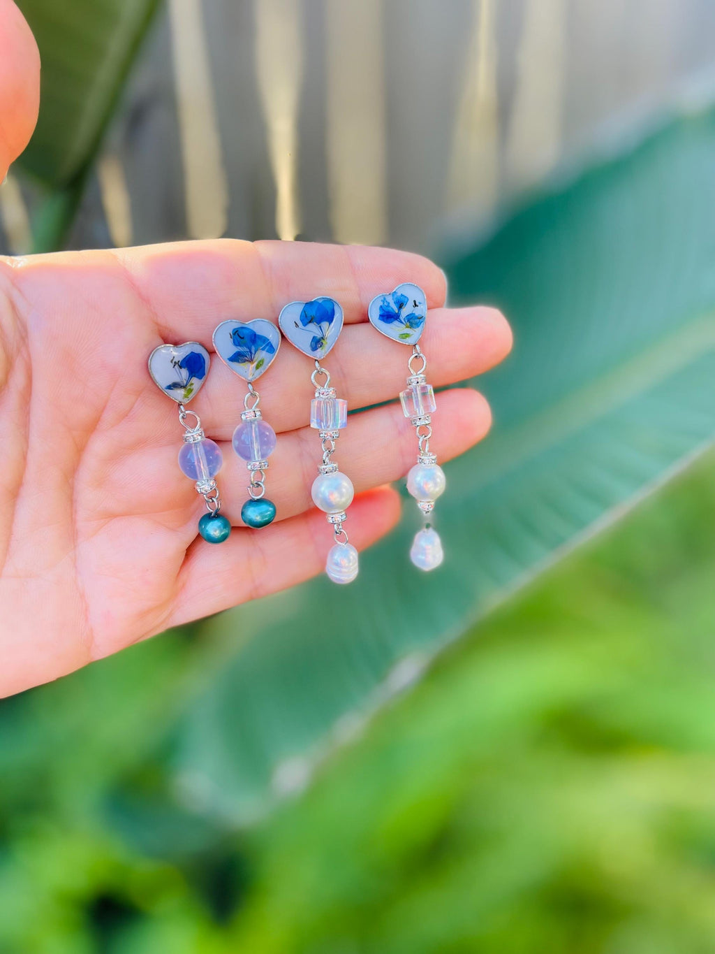 Patina Blue Pearl Floral Earrings: Pressed Flower Resin Jewelry Opal